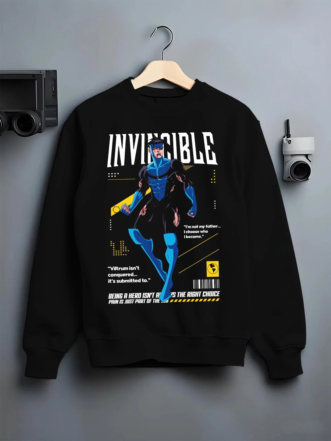 Black crewneck sweatshirt on hanger with Invincible Hoodie Omni Man Mark Grayson Superhero graphic streetwear graphic.