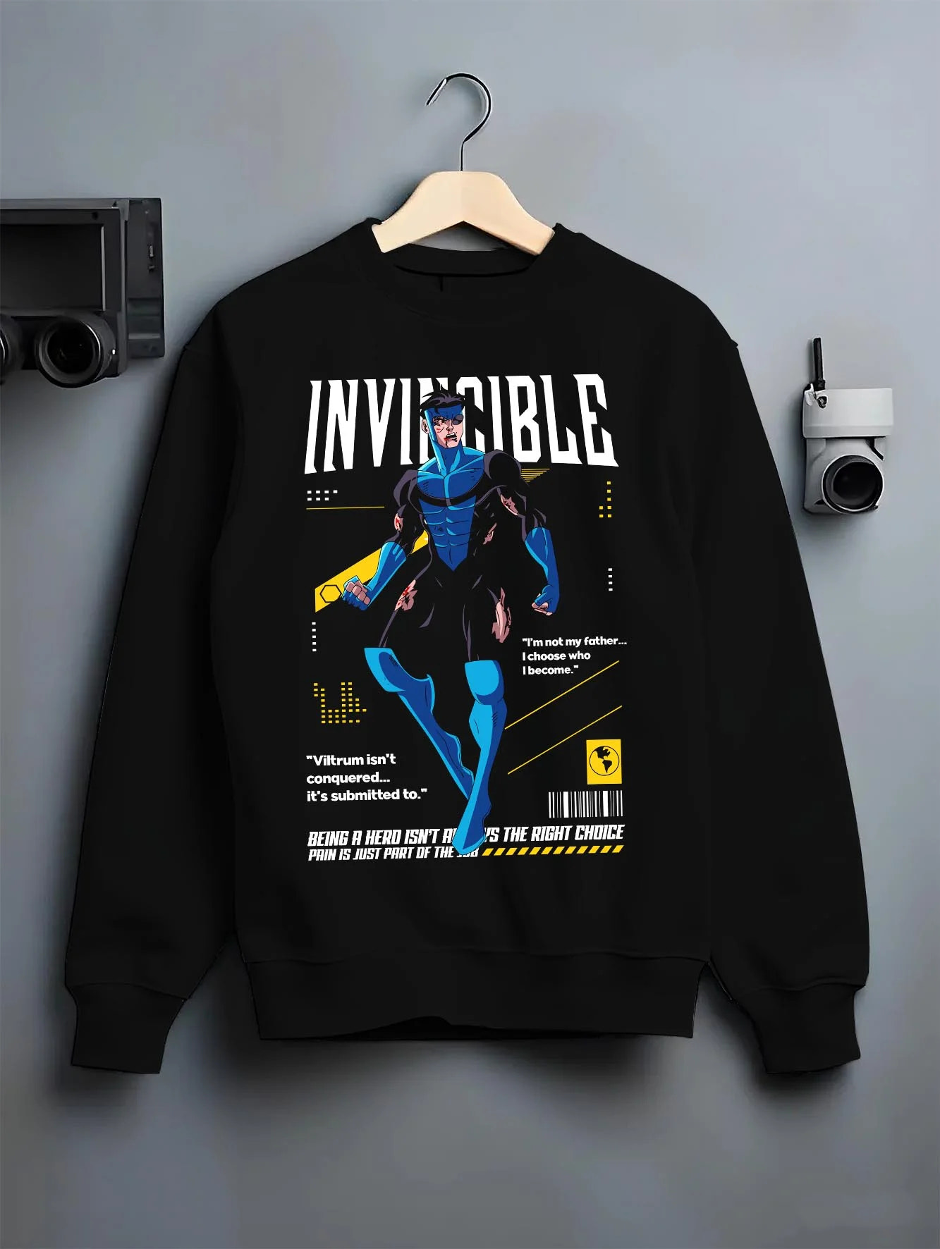 Black crewneck sweatshirt on hanger with Invincible Hoodie Omni Man Mark Grayson Superhero graphic streetwear graphic.