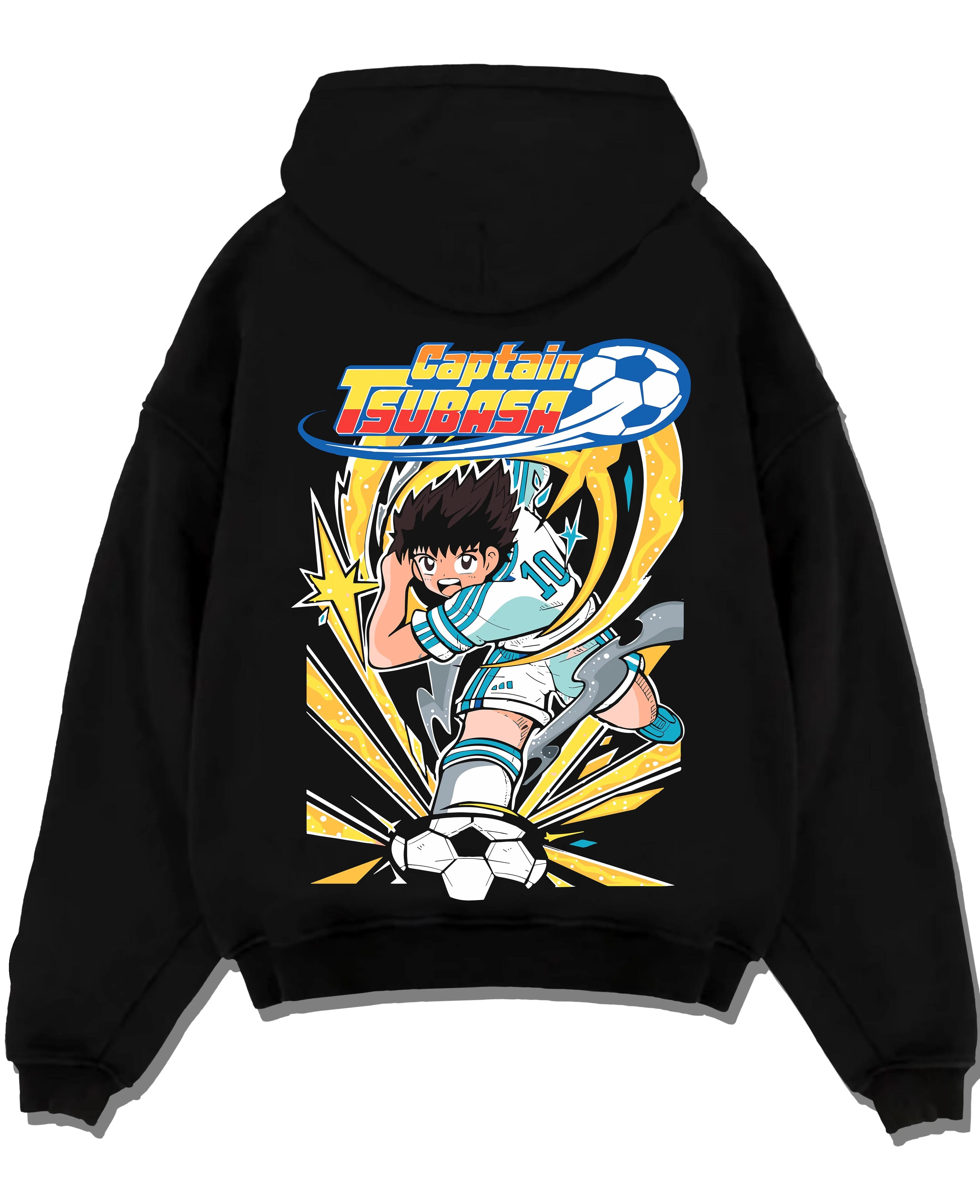 Black pullover hoodie laid flat with Tsubasa Hoodie Captain Tsubasa Soccer Kick Classic graphic bold anime graphic.