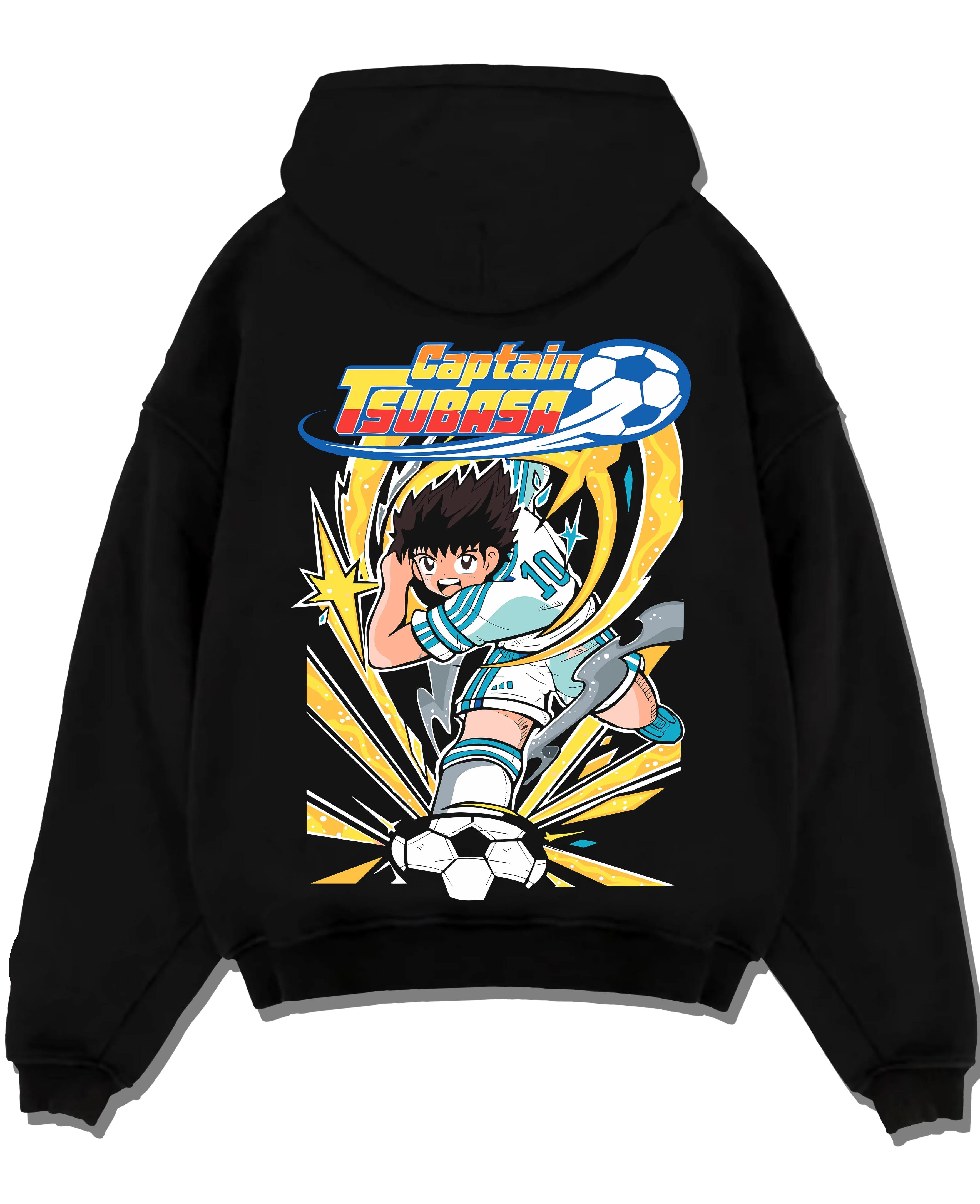 Black pullover hoodie laid flat with Tsubasa Hoodie Captain Tsubasa Soccer Kick Classic graphic bold anime graphic.