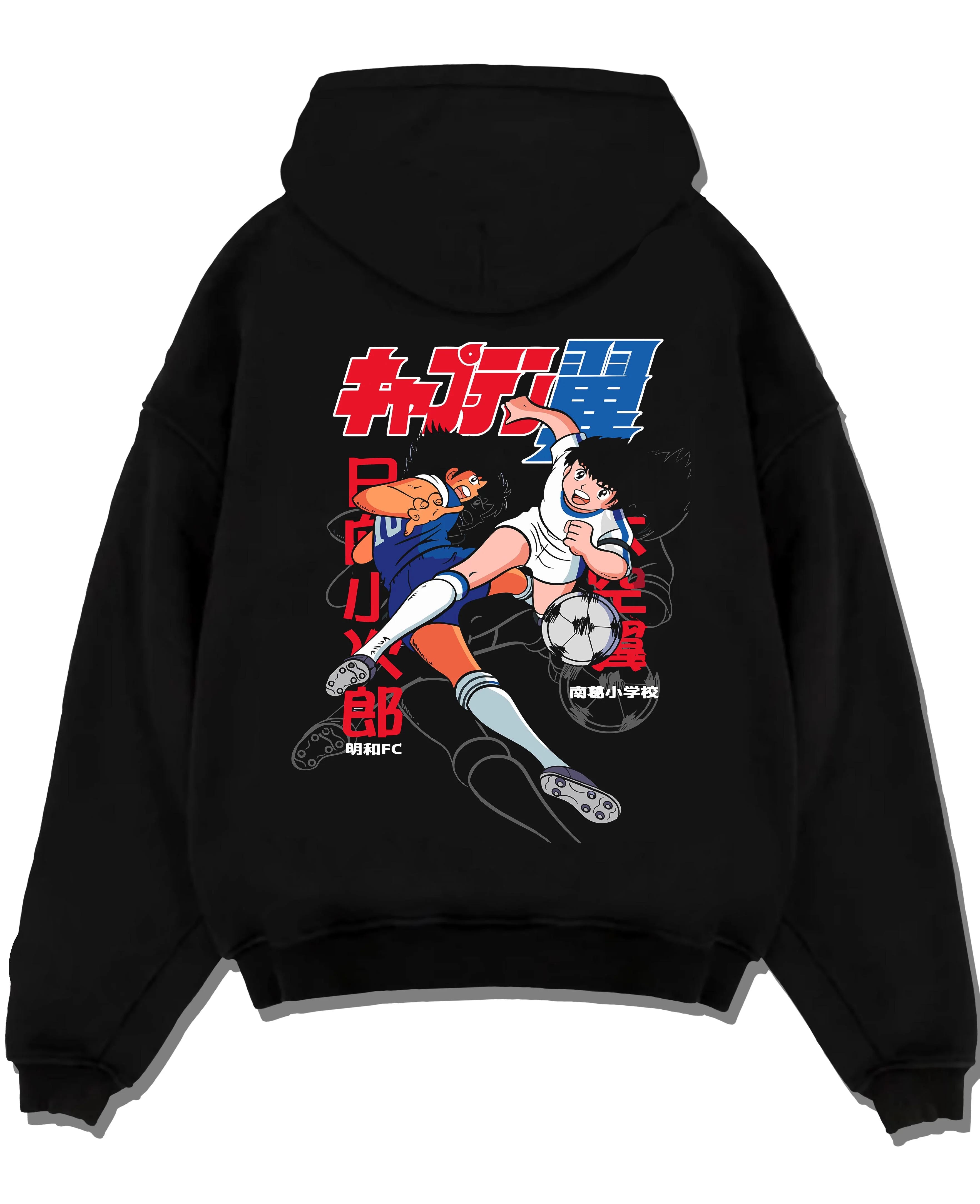 Black pullover hoodie laid flat with Tsubasa Duo Hoodie Captain Tsubasa Soccer Team Play graphic streetwear graphic.