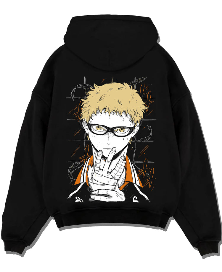 Black hoodie laid flat featuring Kei Tsukishima Karasuno blocker Haikyuu artwork.