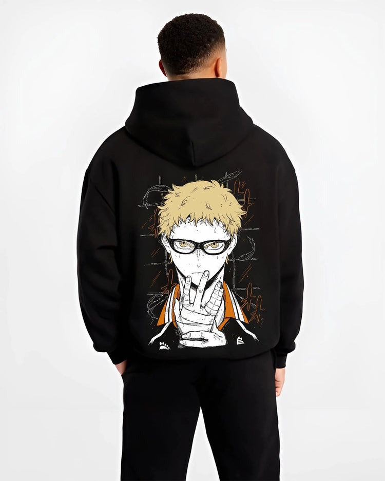 Black hoodie worn by male model from the back featuring Kei Tsukishima Karasuno blocker Haikyuu artwork.