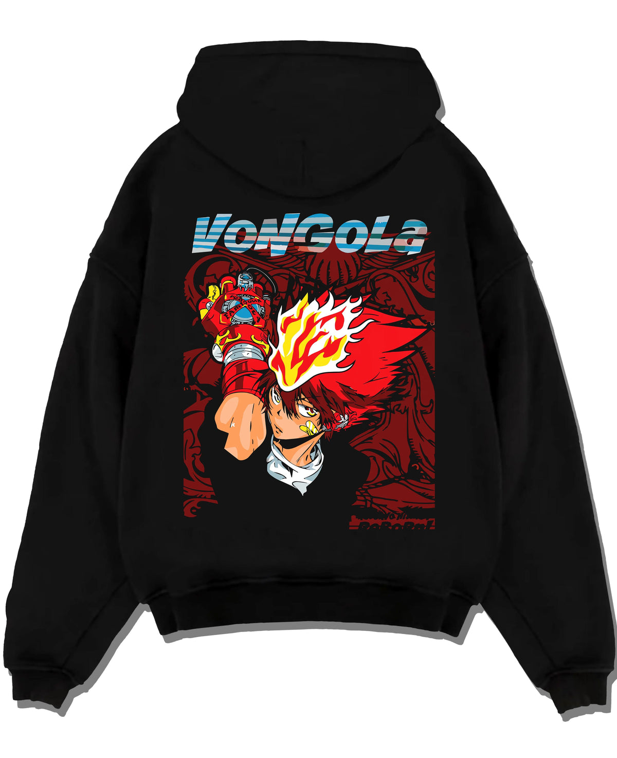 Black hoodie laid flat featuring Tsuna Sawada Vongola Flame Katekyo Hitman Reborn artwork.