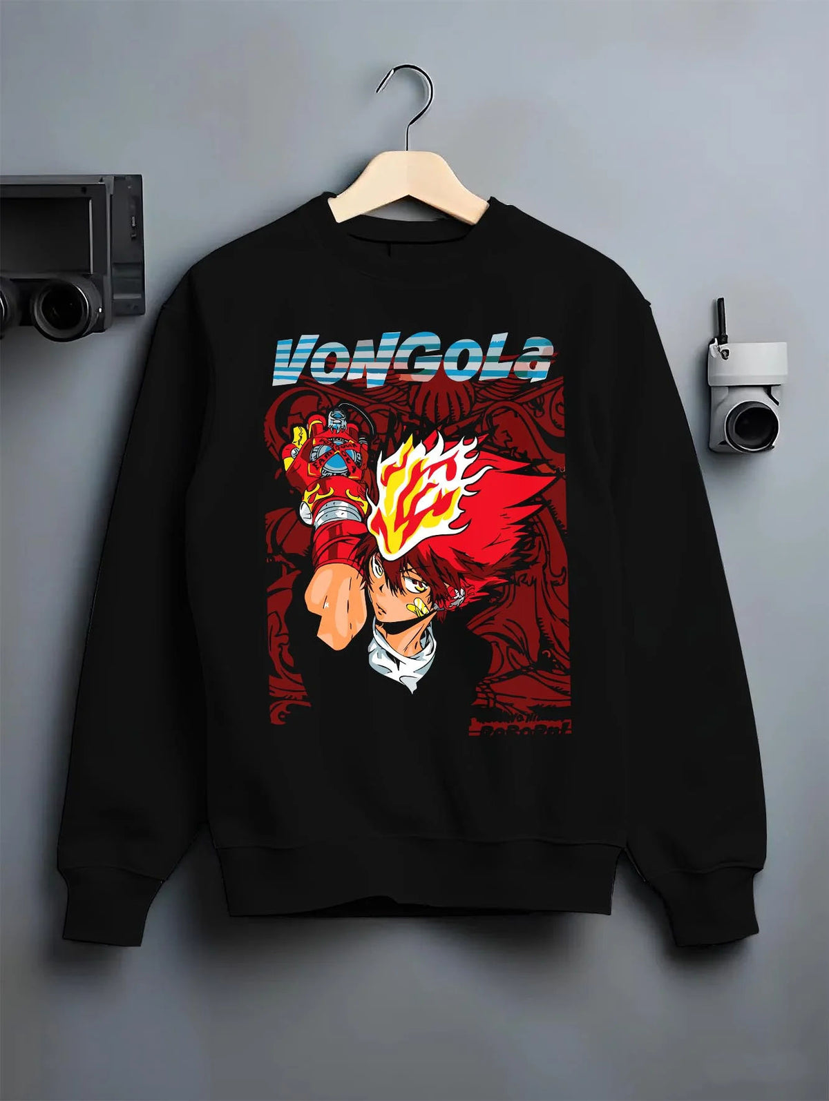 Black crewneck sweatshirt on hanger featuring Tsuna Sawada Vongola Flame Katekyo Hitman Reborn artwork.