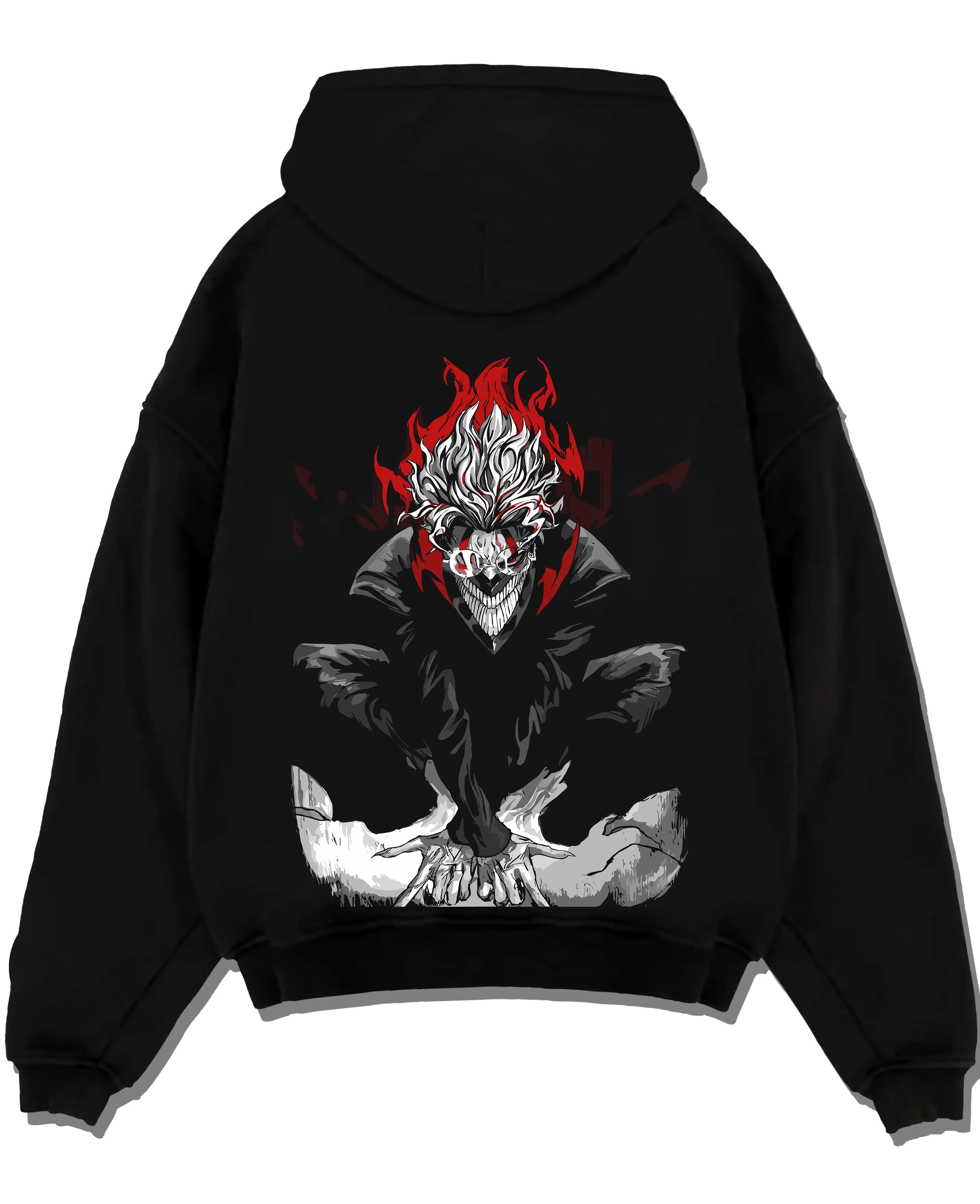 Black pullover hoodie laid flat with Turbo Granny Hoodie Dandadan Evil Spirit Form graphic premium wear.