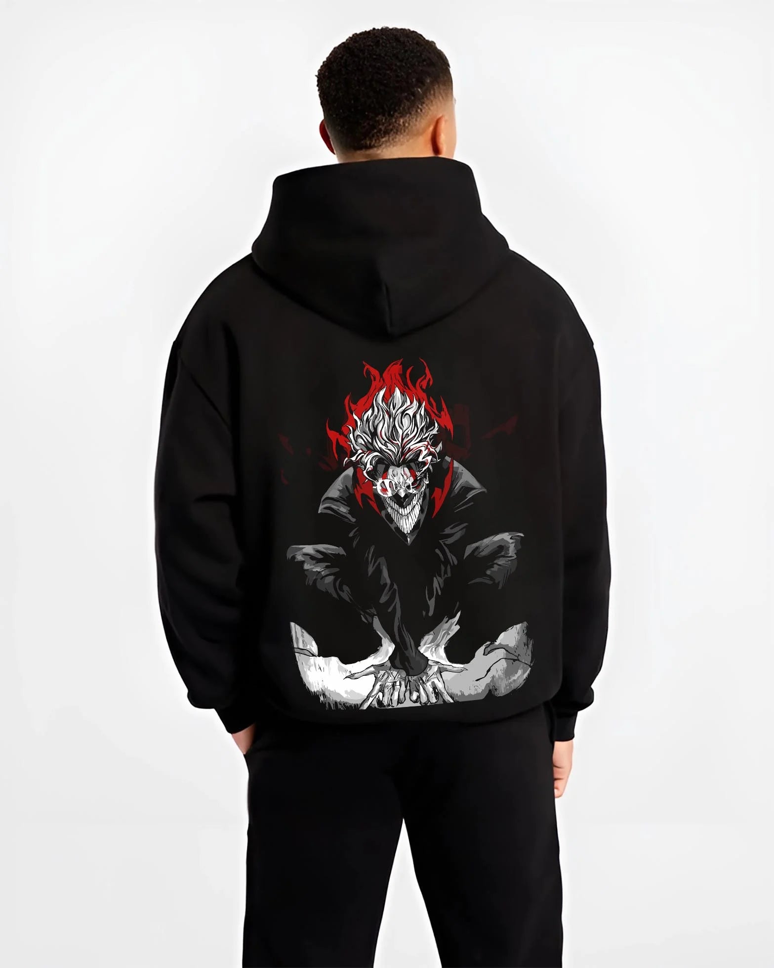 Black hoodie worn by male model, back view with Turbo Granny Hoodie Dandadan Evil Spirit Form graphic bold anime graphic.