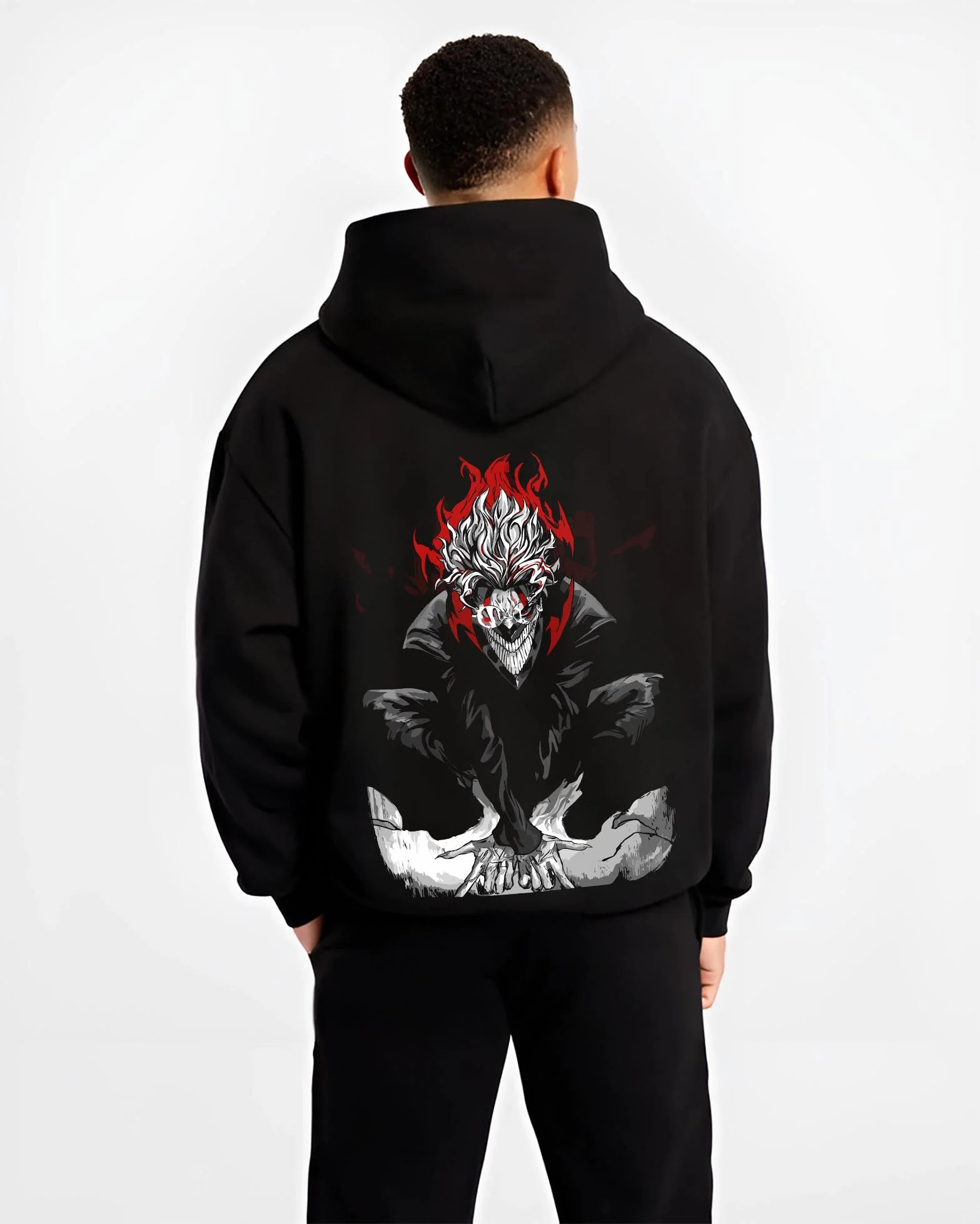 Black hoodie worn by male model, back view with Turbo Granny Hoodie Dandadan Evil Spirit Form graphic bold anime graphic.