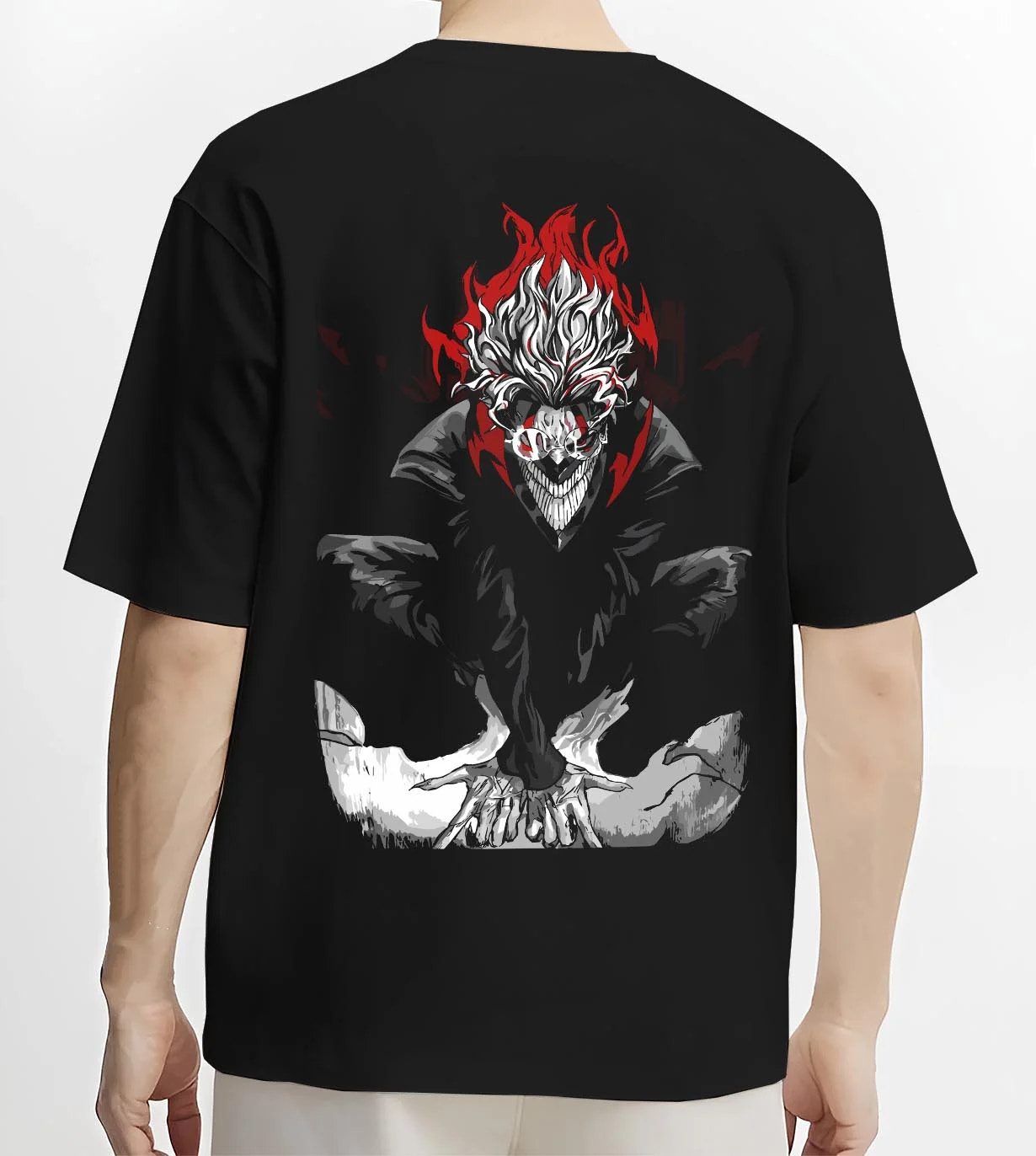 Black T-shirt worn by male model, back view with Turbo Granny Hoodie Dandadan Evil Spirit Form graphic streetwear graphic.