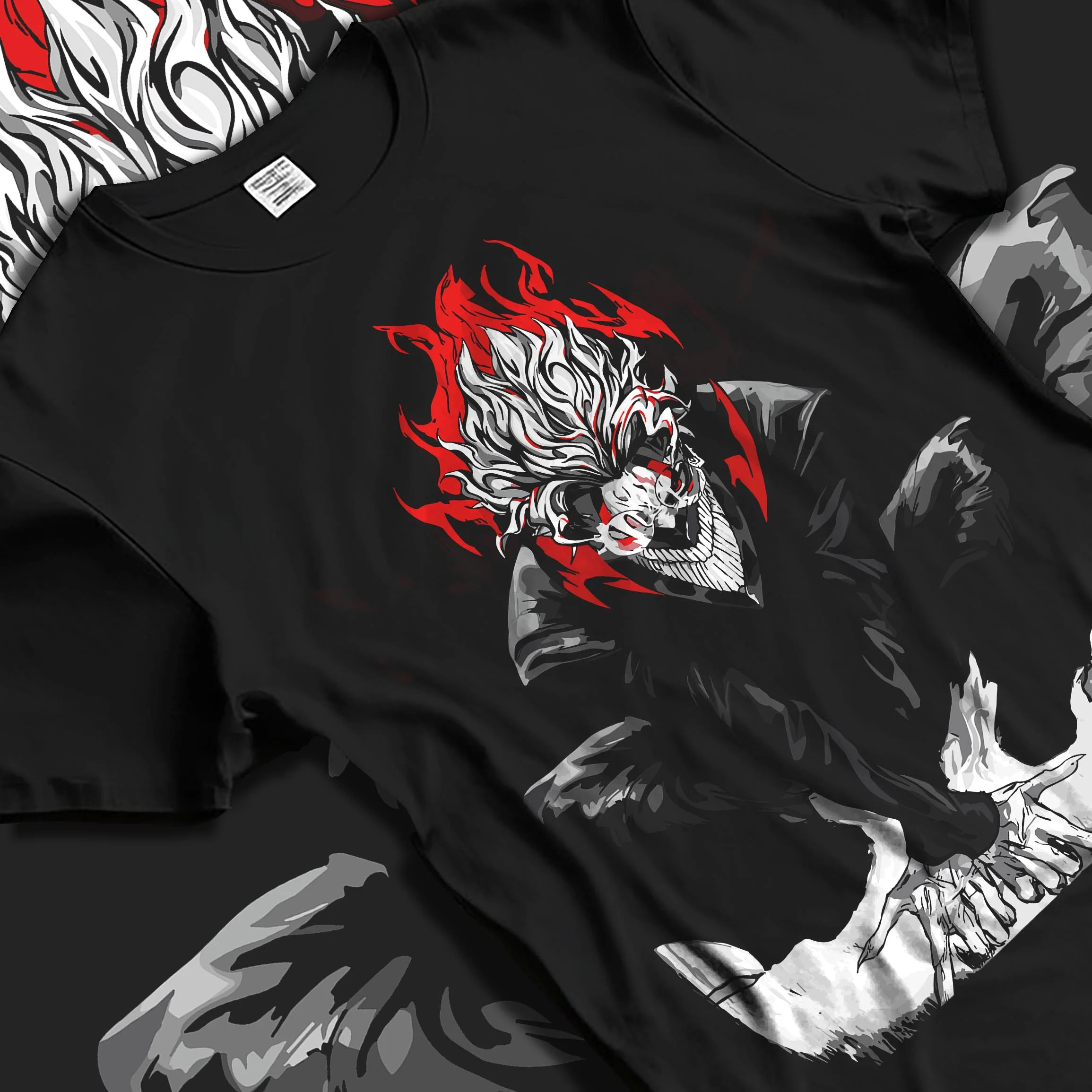 Black T-shirt laid flat with natural folds with Turbo Granny Hoodie Dandadan Evil Spirit Form graphic premium wear.