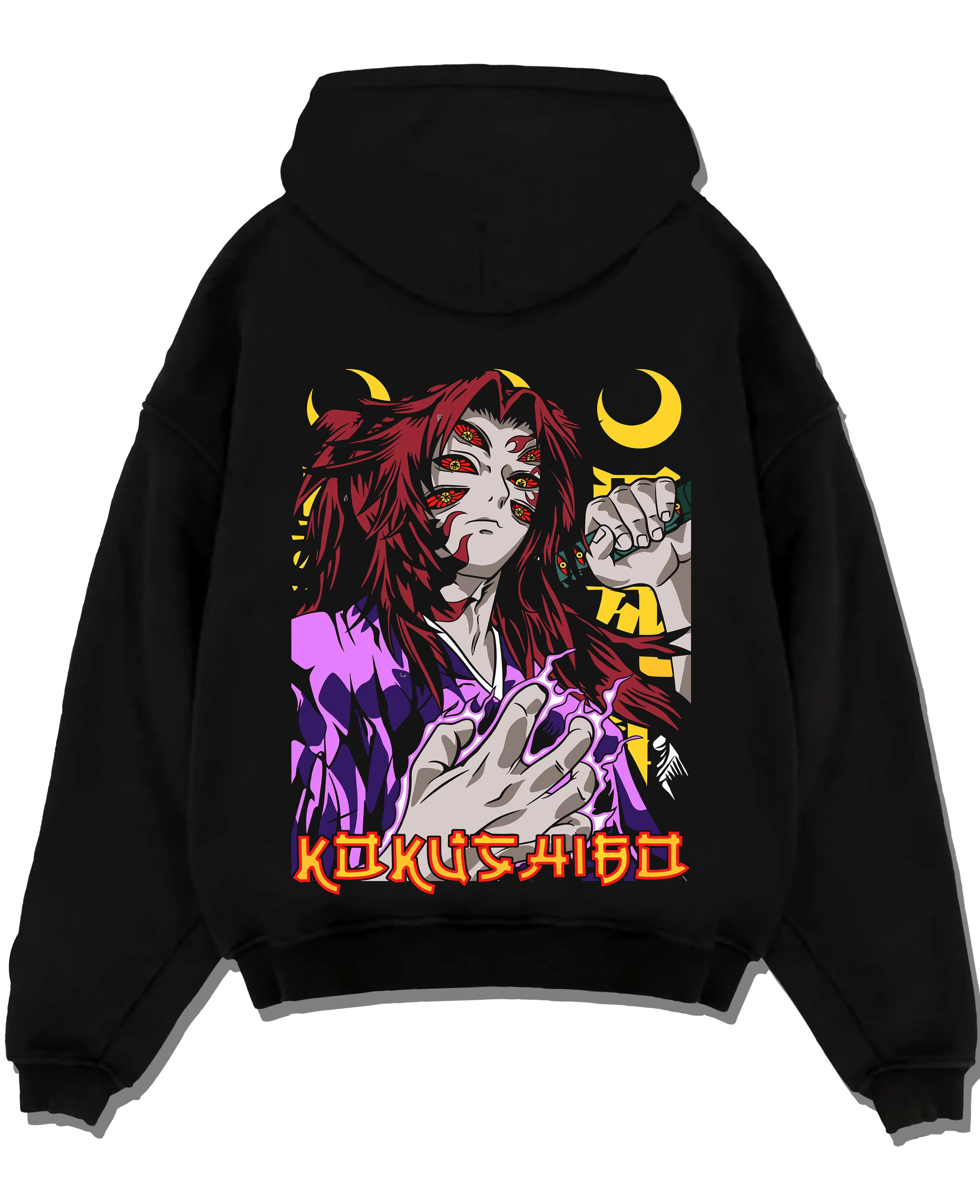 Black pullover hoodie laid flat with Kokushibo Hoodie Demon Slayer Upper Moon Power graphic premium wear.