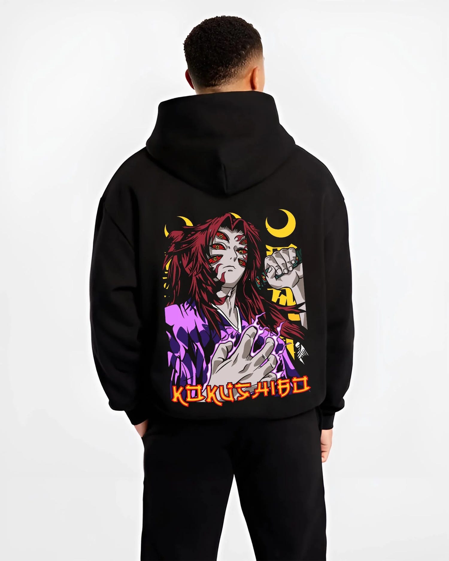 Black hoodie worn by male model, back view with Kokushibo Hoodie Demon Slayer Upper Moon Power graphic premium wear.
