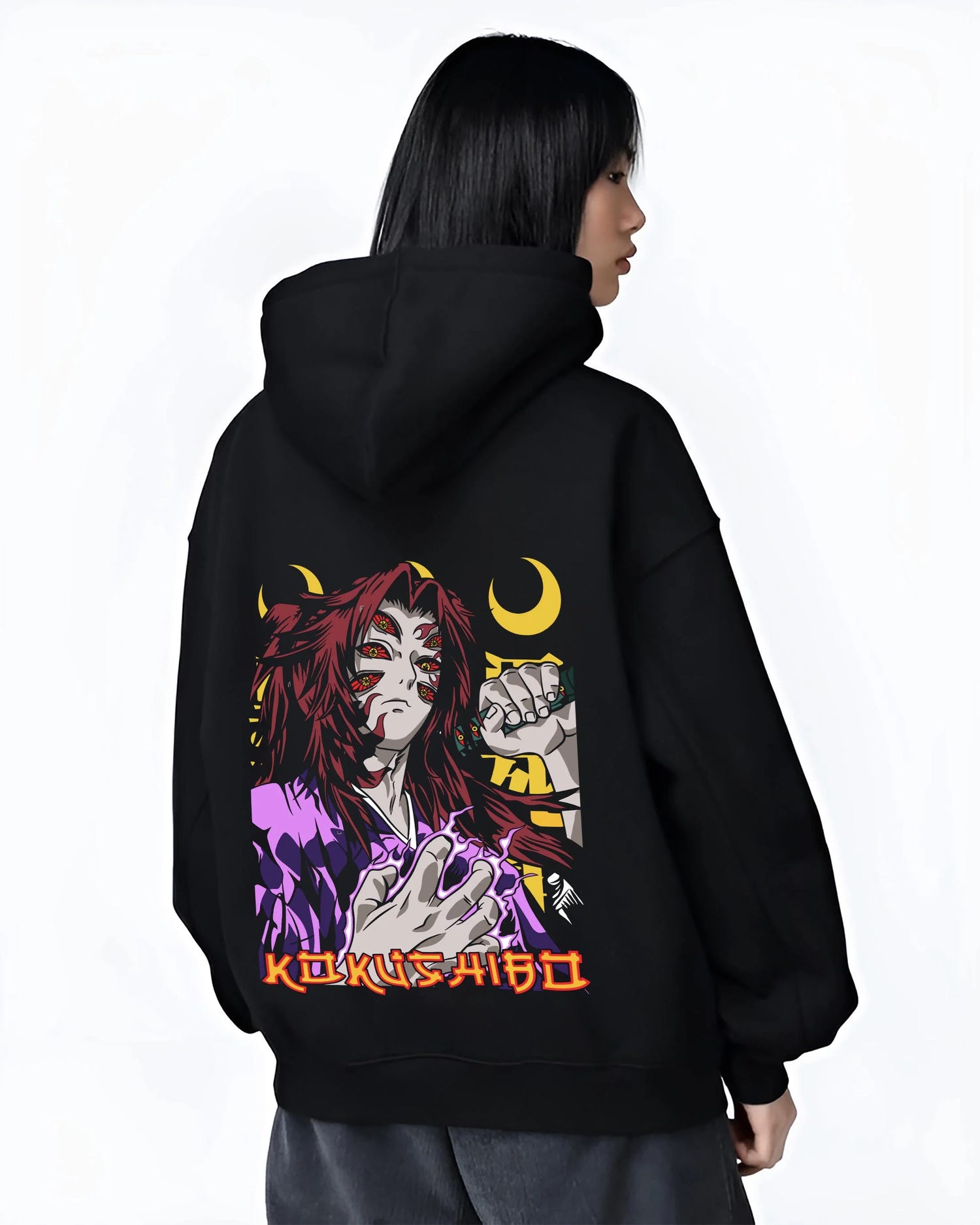 Black hoodie worn by female model, back view with Kokushibo Hoodie Demon Slayer Upper Moon Power graphic bold anime graphic.