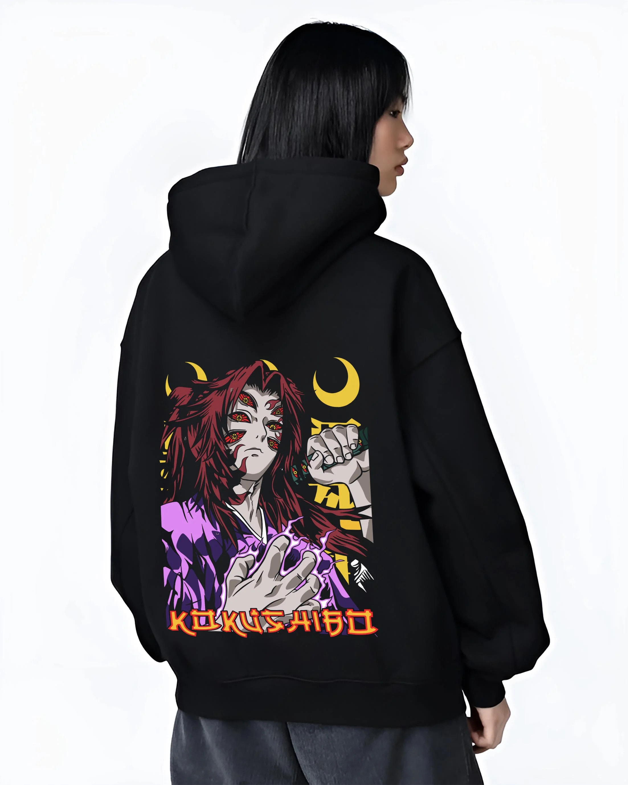 Black hoodie worn by female model, back view with Kokushibo Hoodie Demon Slayer Upper Moon Power graphic bold anime graphic.