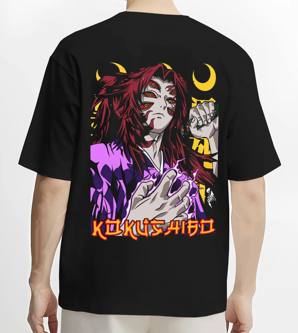 Black T-shirt worn by male model, back view with Kokushibo Hoodie Demon Slayer Upper Moon Power graphic streetwear graphic.