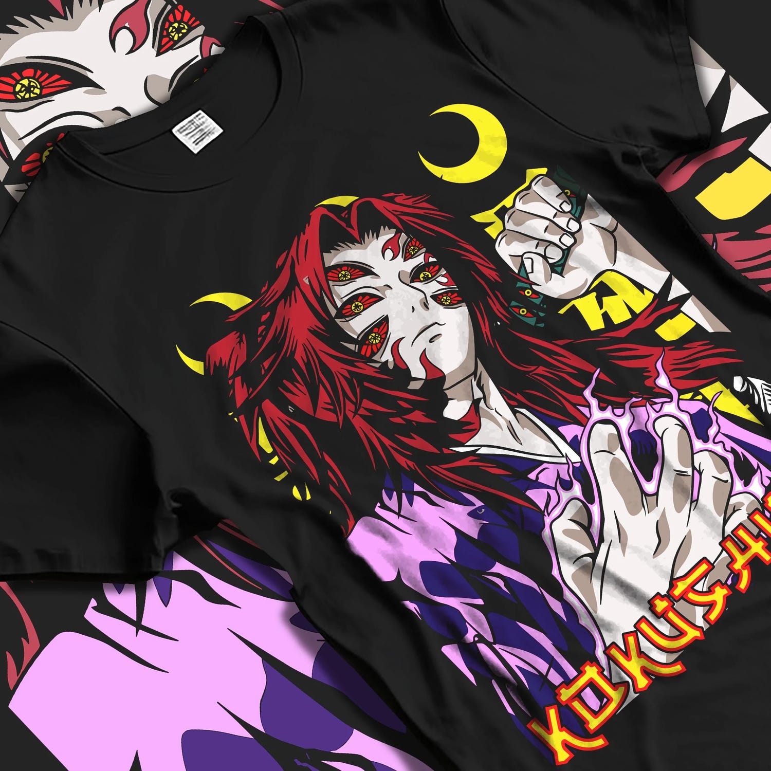 Black T-shirt laid flat with natural folds with Kokushibo Hoodie Demon Slayer Upper Moon Power graphic bold anime graphic.