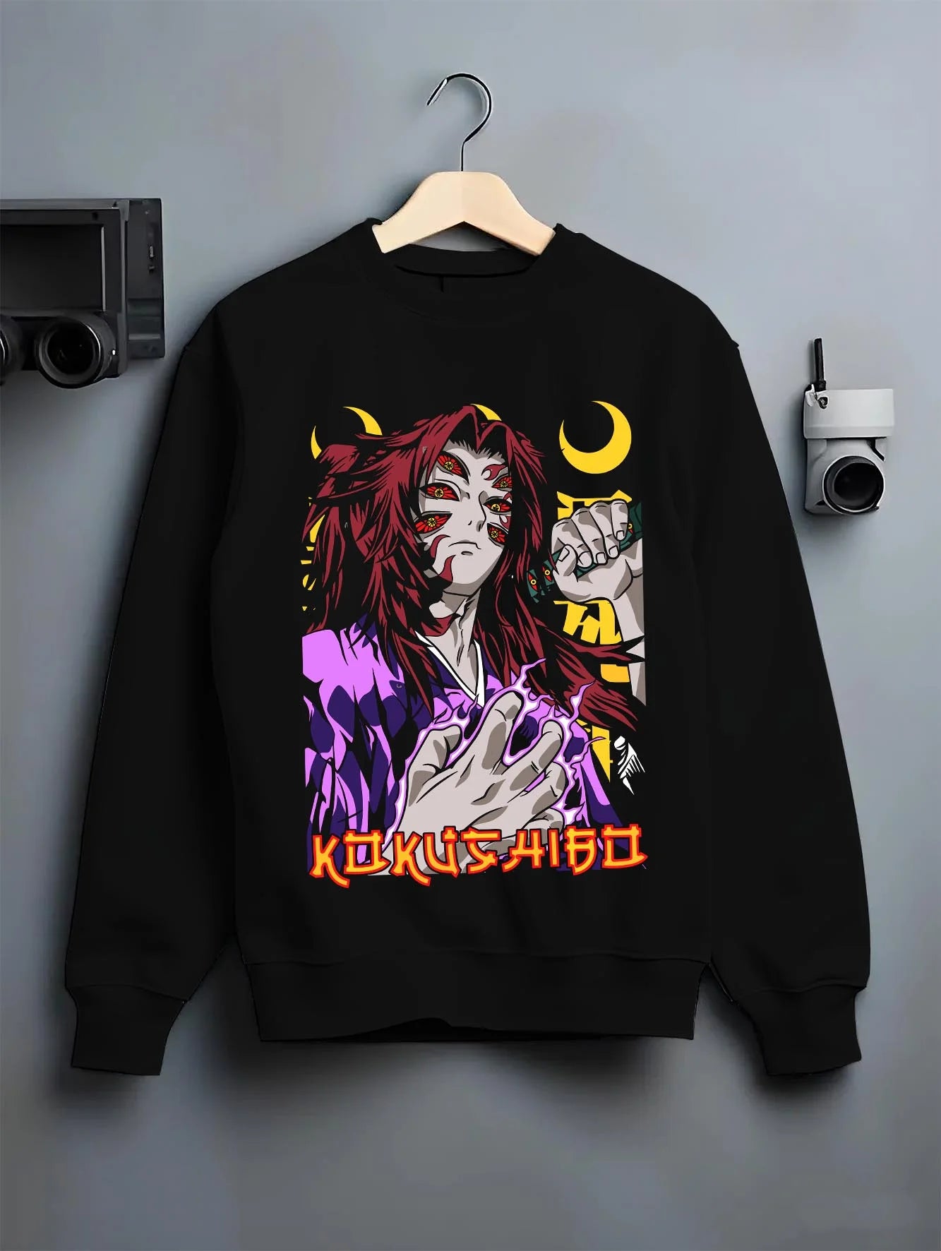 Black crewneck sweatshirt on hanger with Kokushibo Hoodie Demon Slayer Upper Moon Power graphic premium wear.