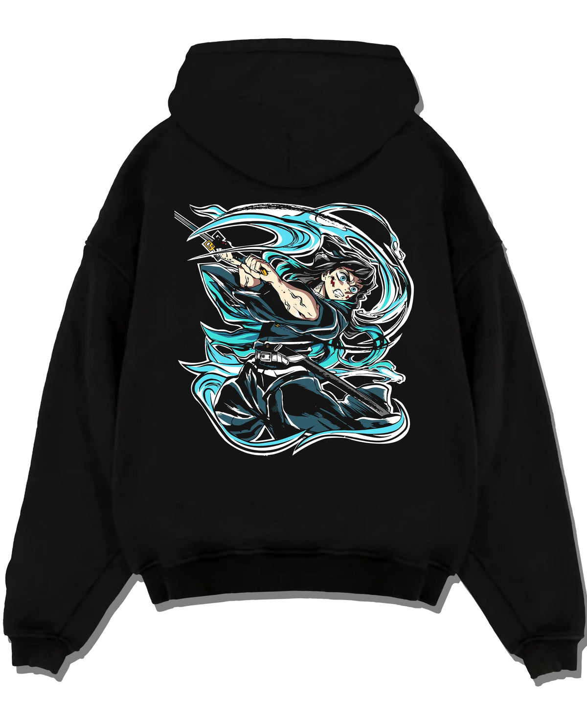 Black hoodie laid flat featuring Muichiro Tokito mist sword battle Demon Slayer artwork.