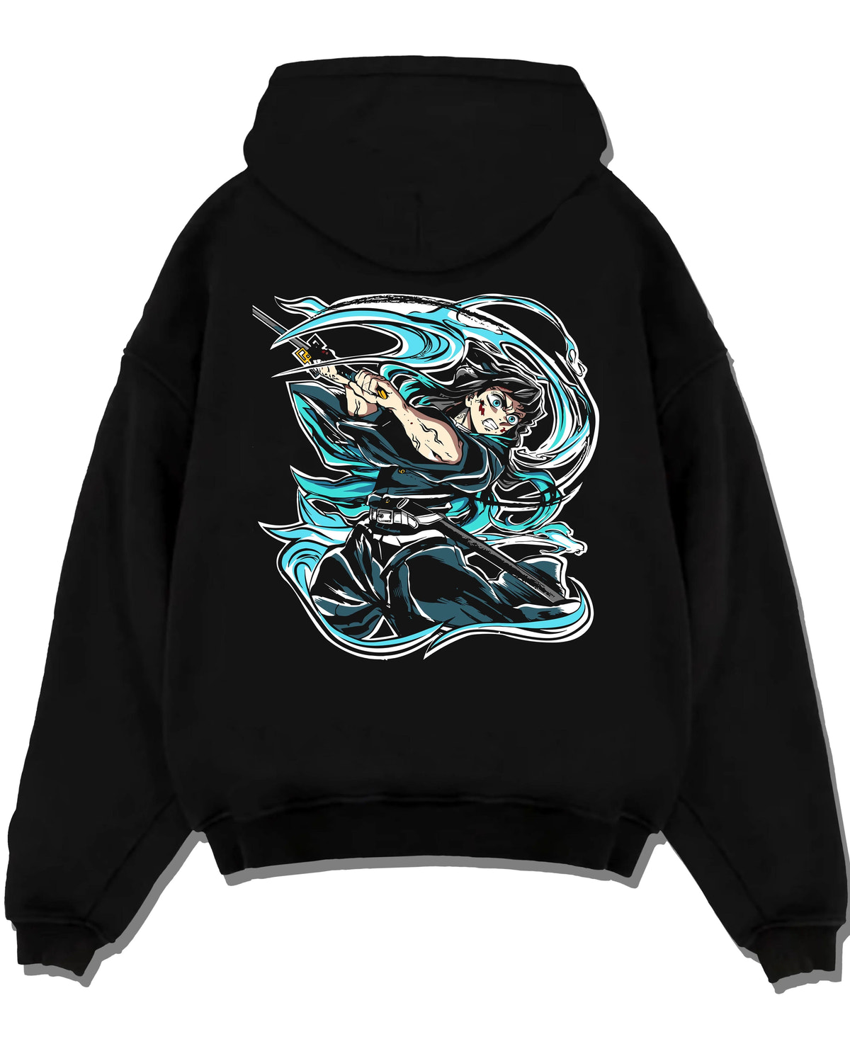 Black hoodie laid flat featuring Muichiro Tokito mist sword battle Demon Slayer artwork.