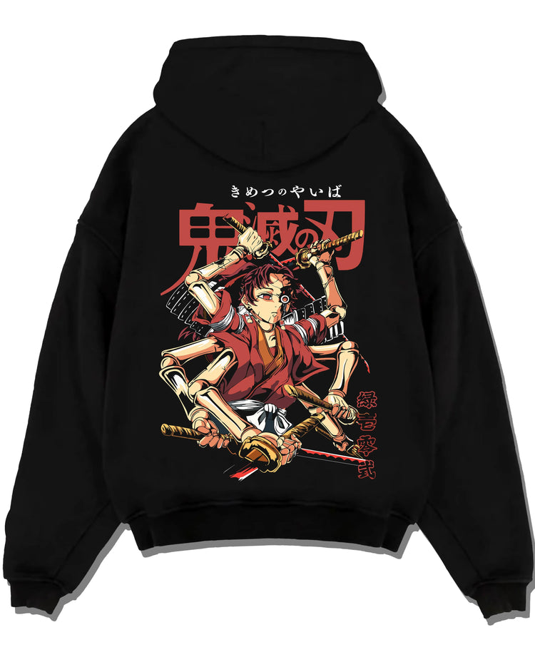 Black hoodie laid flat featuring Yoriichi Type Zero training doll Demon Slayer artwork.