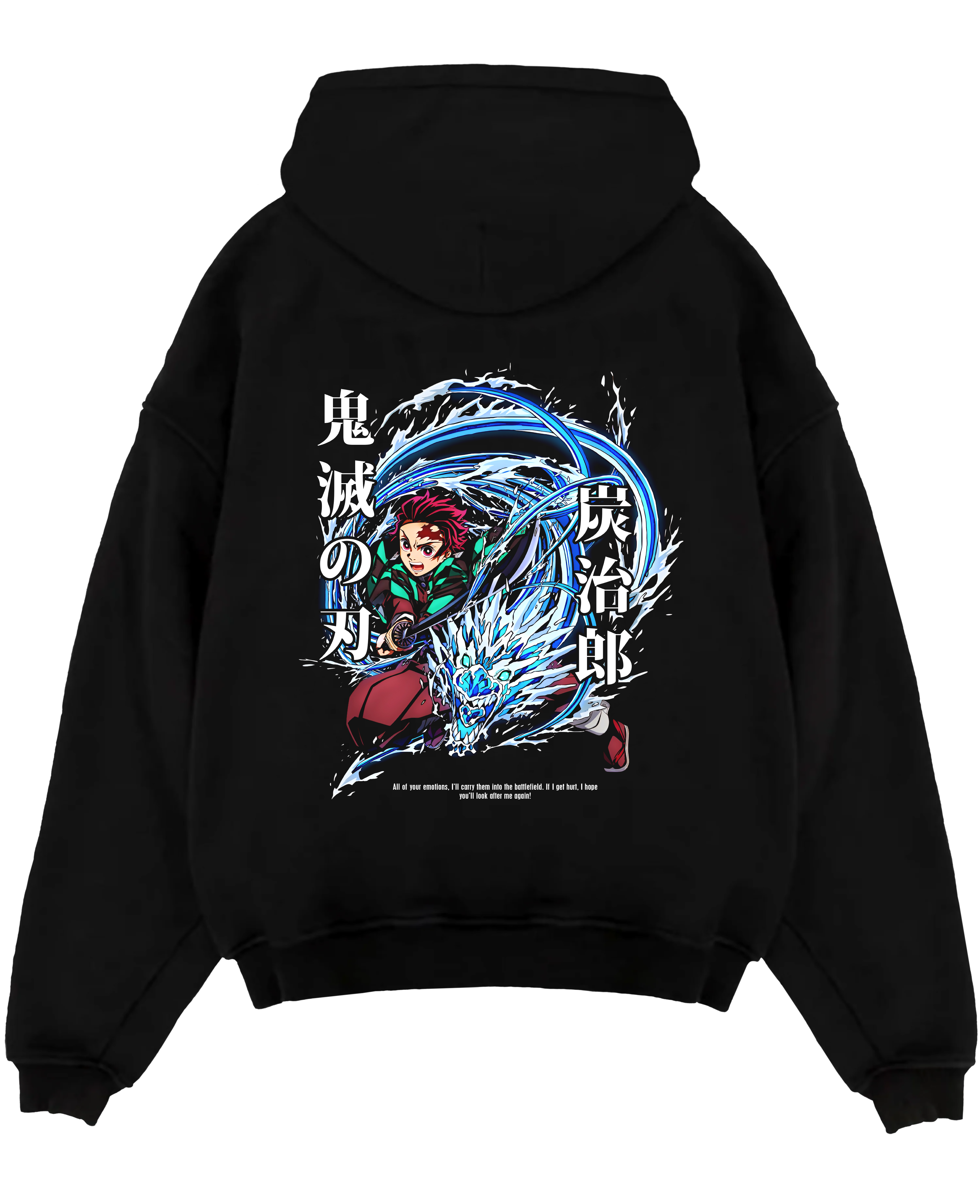 Black pullover hoodie laid flat on a white background, featuring Demon Slayer Tanjiro Kamado anime poster inspired design with Water Breathing wave and manga artwork.