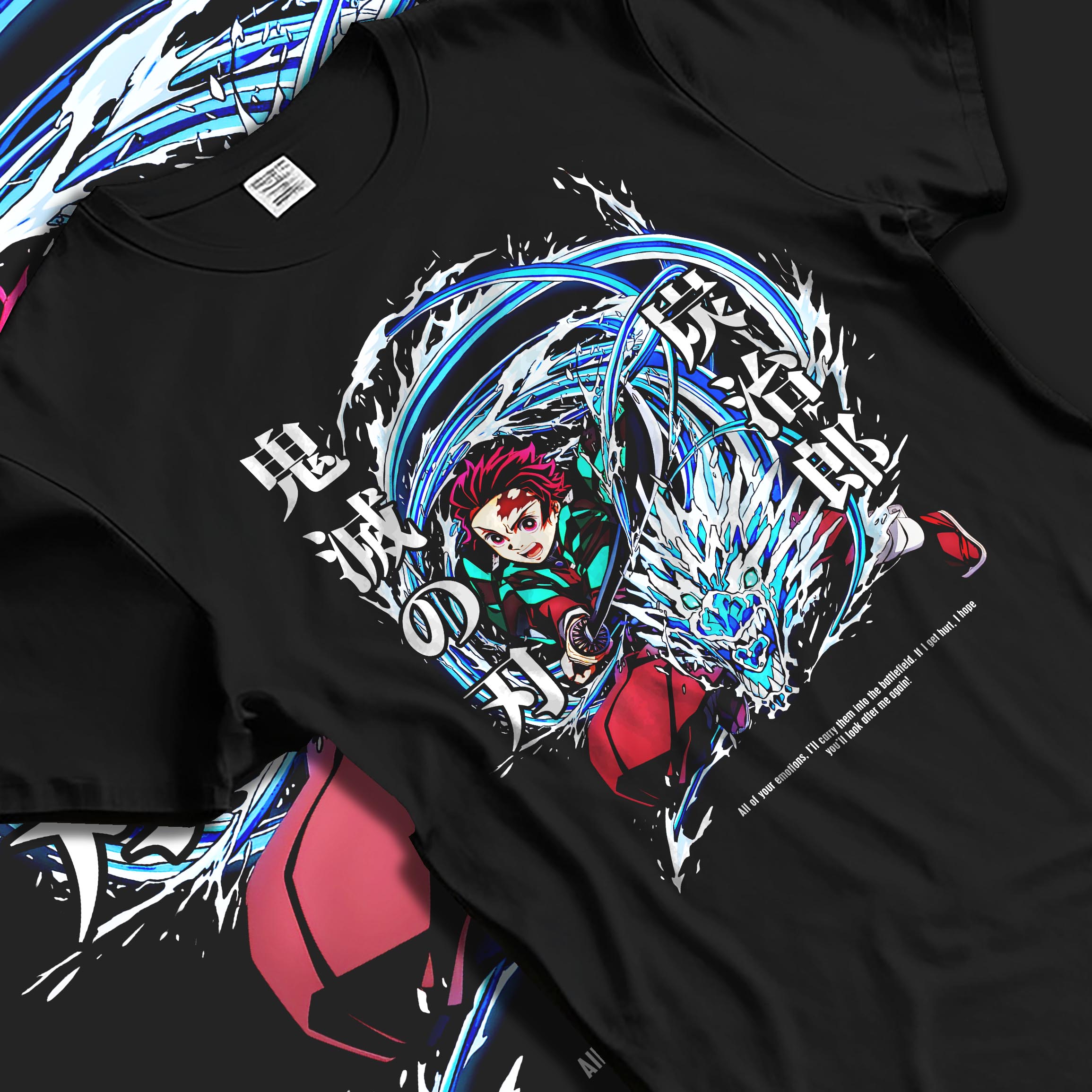 Black T-shirt laid flat with natural fabric folds, featuring Demon Slayer Tanjiro Kamado retro manga artwork print with Water Breathing dragon swirl and action style.
