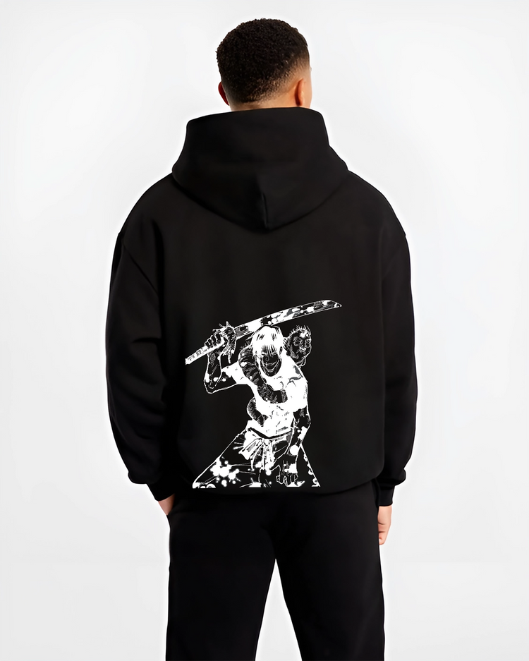 Black hoodie worn by a male model, back view, featuring Jujutsu Kaisen Toji Fushiguro anime poster inspired design with retro manga artwork print and striking battle ready style.