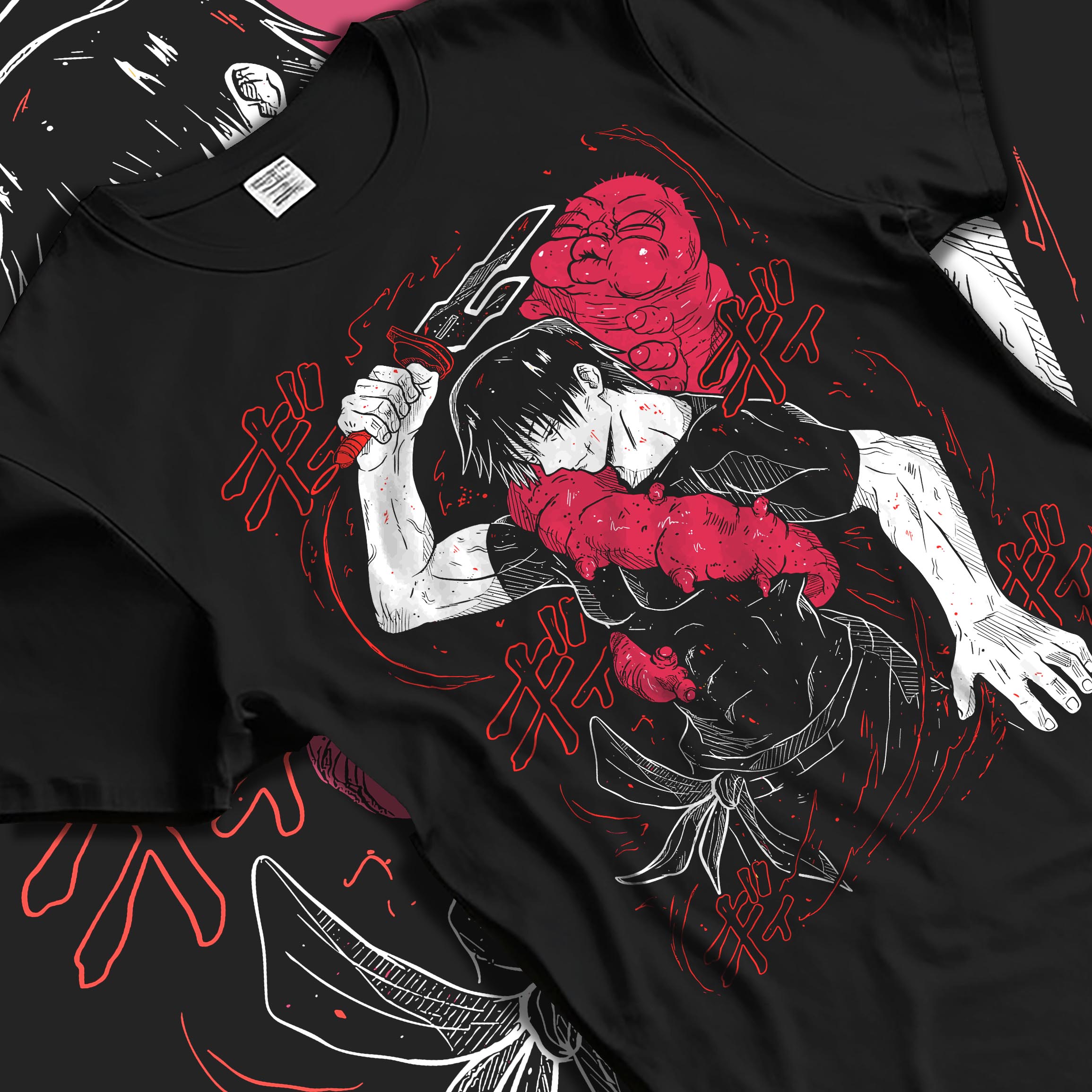 Black T-shirt laid flat with natural fabric folds, featuring Jujutsu Kaisen Yuta Okkotsu anime poster inspired design with cursed sword and gritty dark manga artwork style.