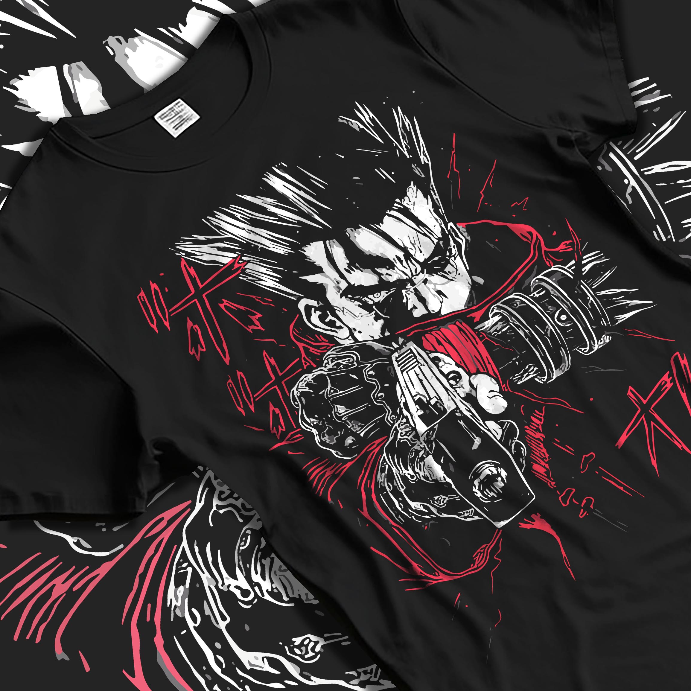 Black T-shirt laid flat with natural fabric folds, featuring Trigun anime poster inspired design of Vash the Stampede aiming his gun in red accent style.