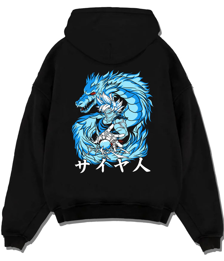 Black hoodie flat back view showing Goku from Dragon Ball: Super Saiyan Blue aura portrait