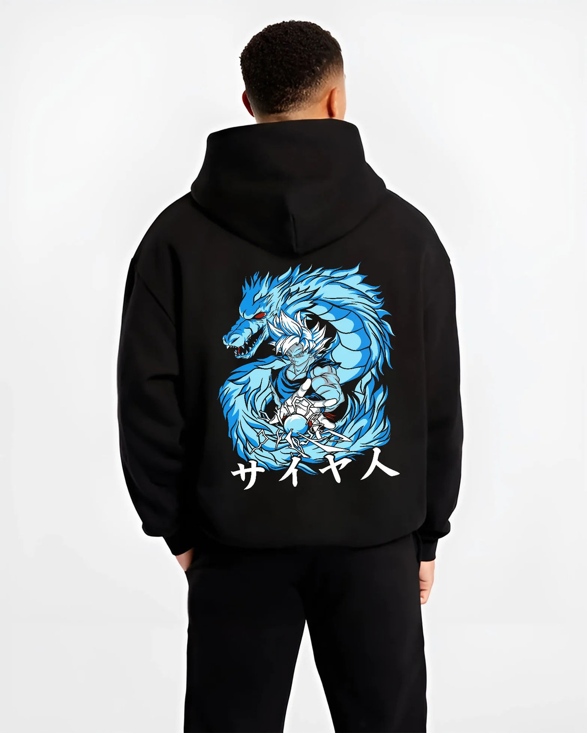 Black hoodie model back view showing Goku from Dragon Ball: Super Saiyan Blue aura portrait