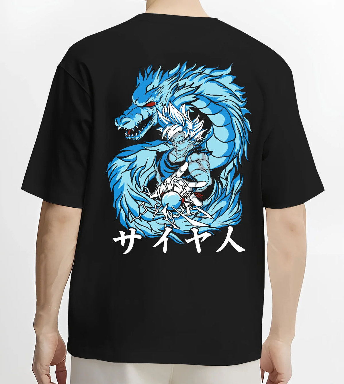 Black T-shirt model back view showing Goku from Dragon Ball: Super Saiyan Blue aura portrait