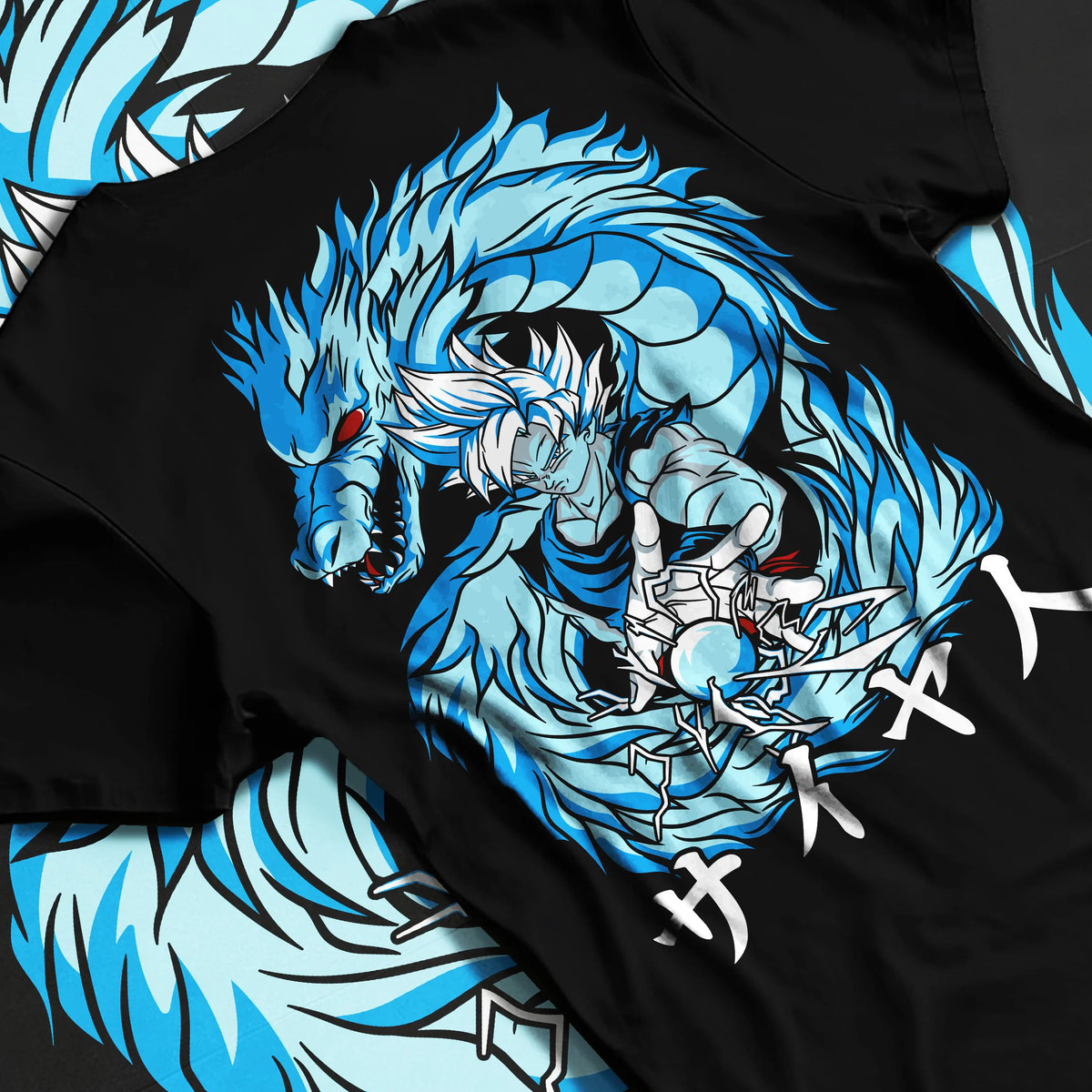Black T-shirt flat back view showing Goku from Dragon Ball: Super Saiyan Blue aura portrait