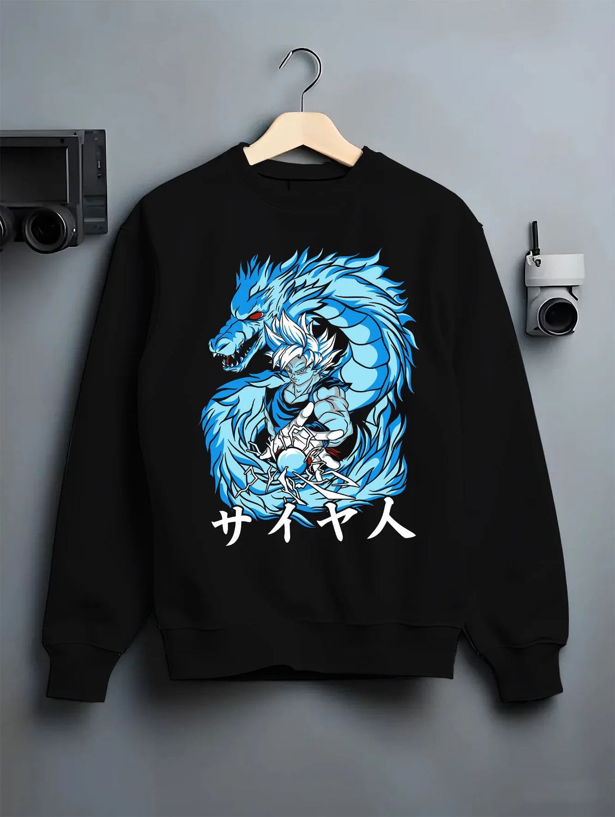 Black crewneck sweatshirt on hanger showing Goku from Dragon Ball: Super Saiyan Blue aura portrait