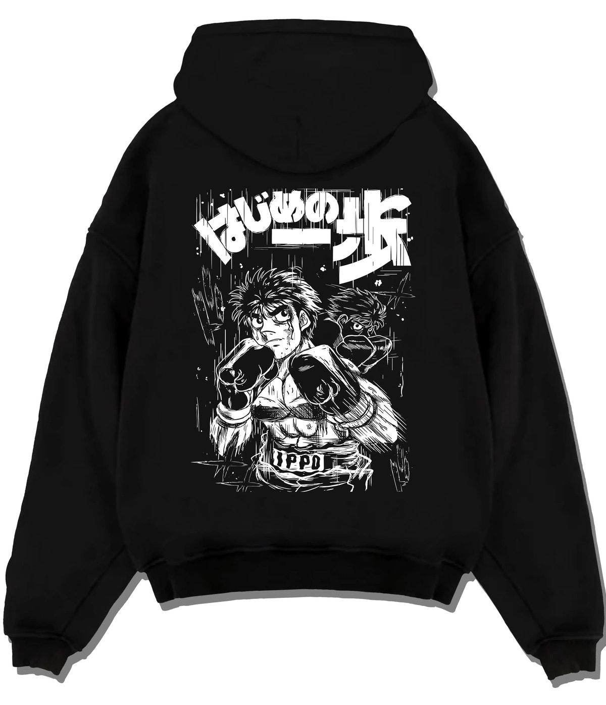 Black hoodie flat back view showing Ippo Makunouchi from Hajime no Ippo: monochrome boxing portrait