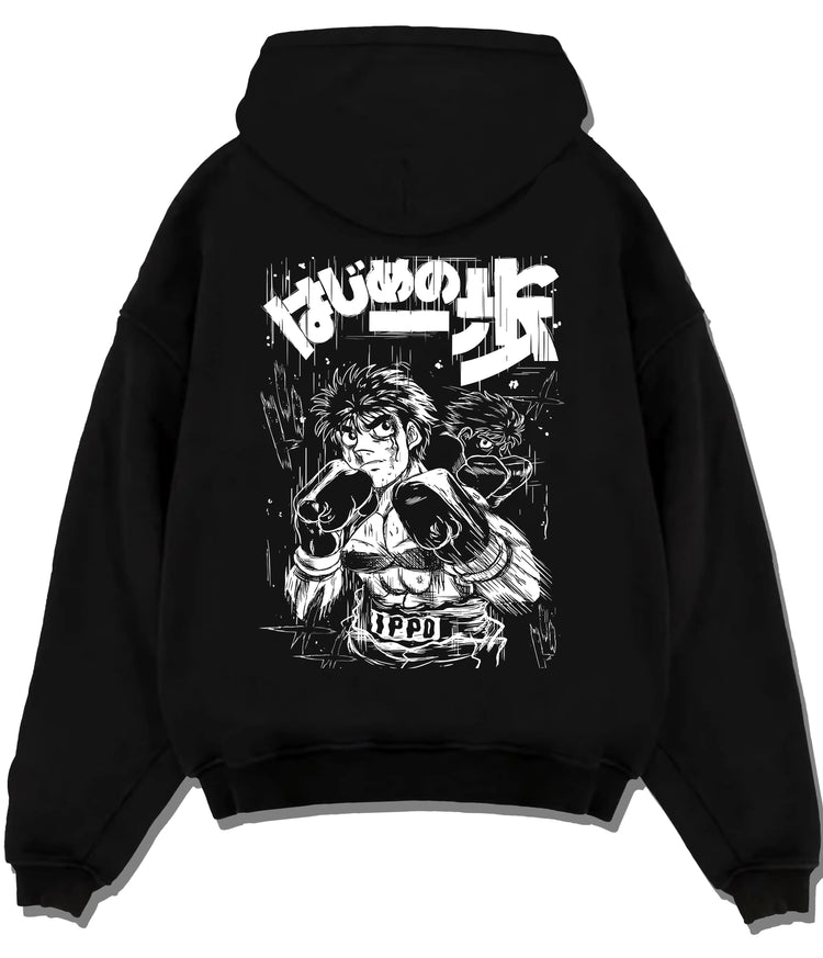 Black hoodie flat back view showing Ippo Makunouchi from Hajime no Ippo: monochrome boxing portrait