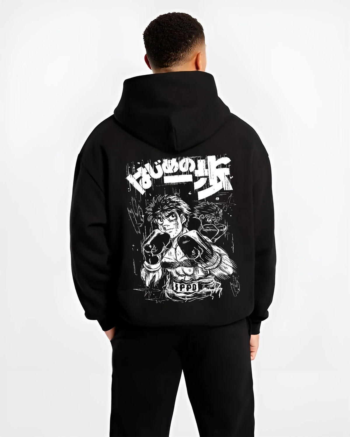 Black hoodie model back view showing Ippo Makunouchi from Hajime no Ippo: monochrome boxing portrait