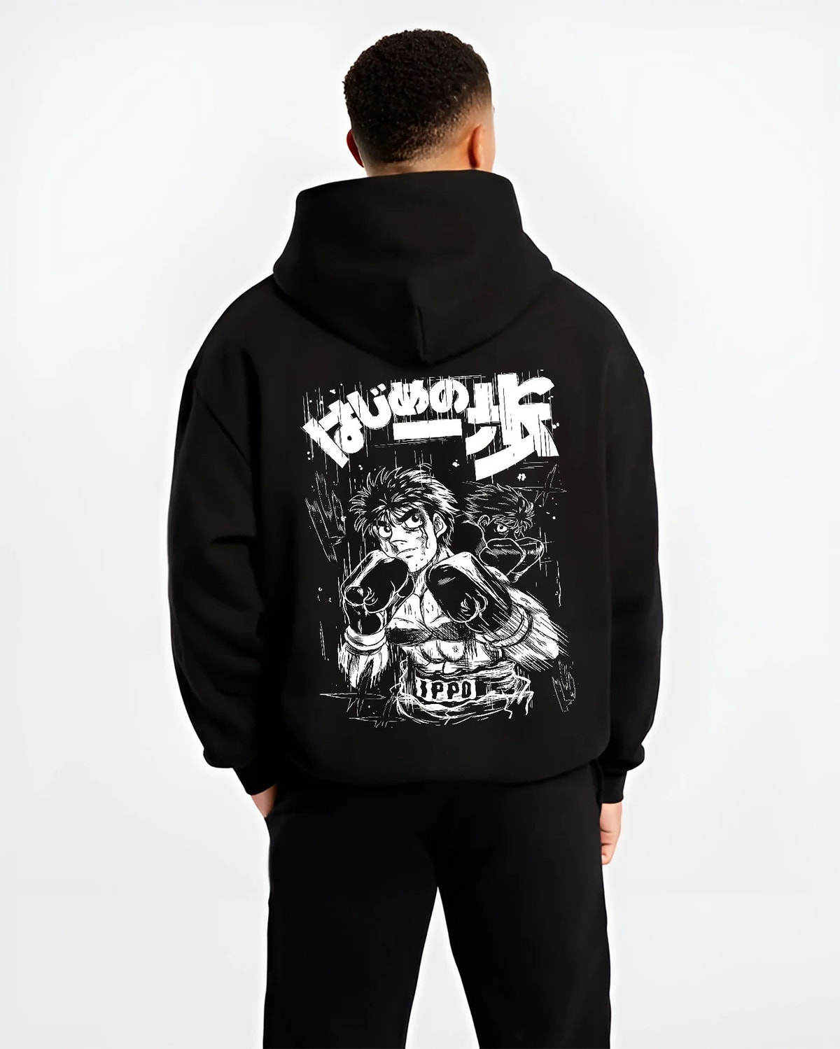 Black hoodie model back view showing Ippo Makunouchi from Hajime no Ippo: monochrome boxing portrait
