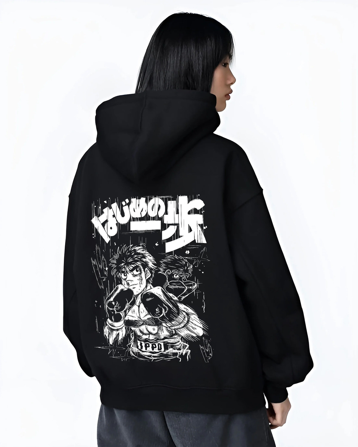 Black hoodie female model back view showing Ippo Makunouchi from Hajime no Ippo: monochrome boxing portrait