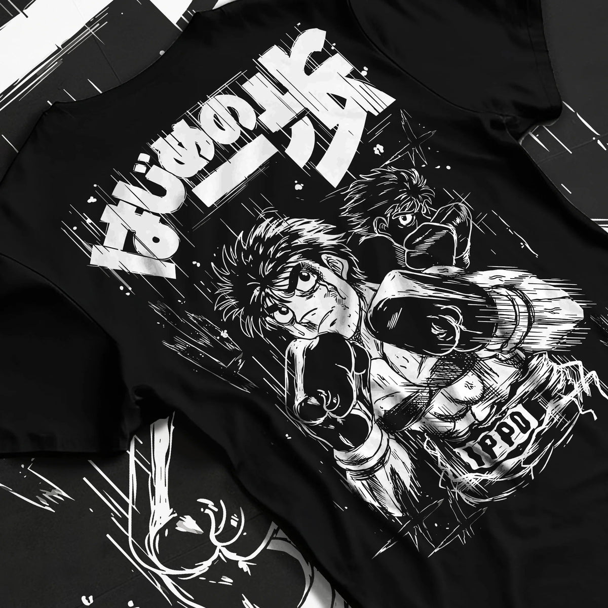 Black T-shirt flat back view showing Ippo Makunouchi from Hajime no Ippo: monochrome boxing portrait