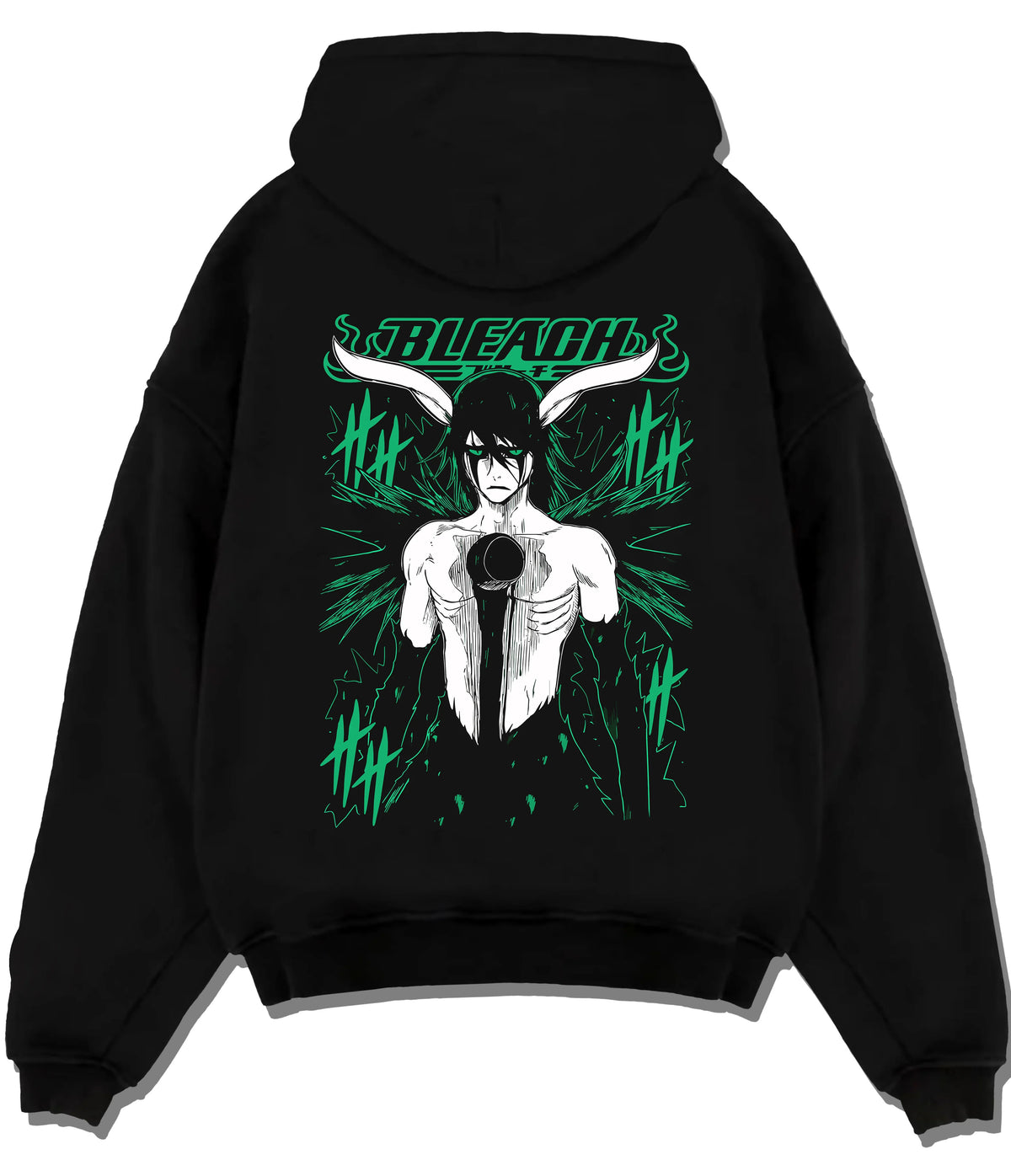 Black hoodie flat back view showing Ulquiorra Cifer from Bleach: Hollow form character print