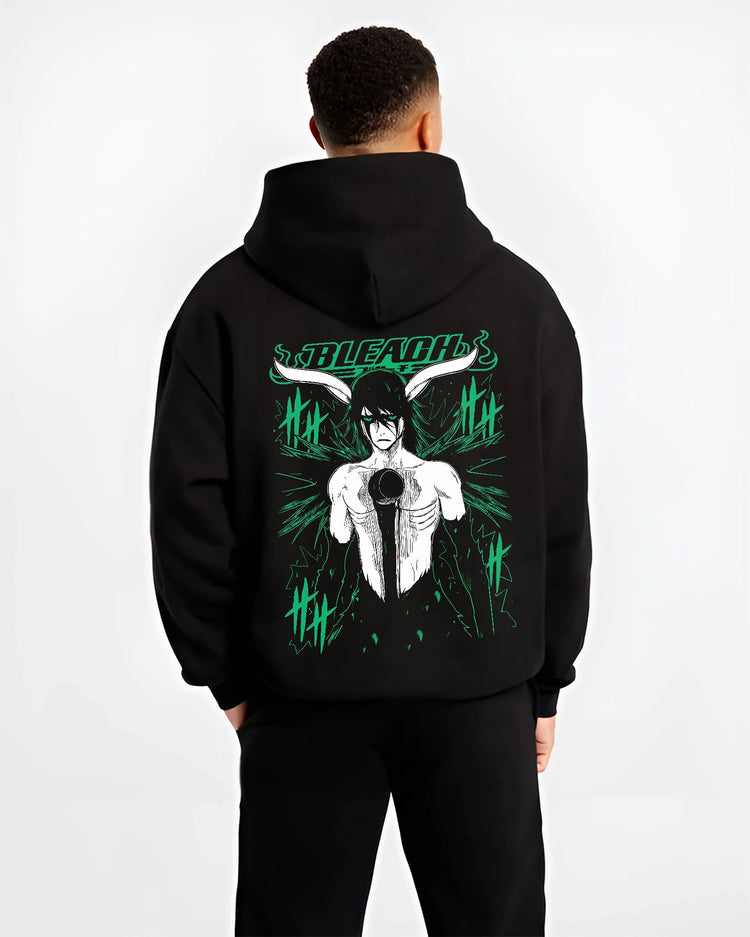 Black hoodie model back view showing Ulquiorra Cifer from Bleach: Hollow form character print