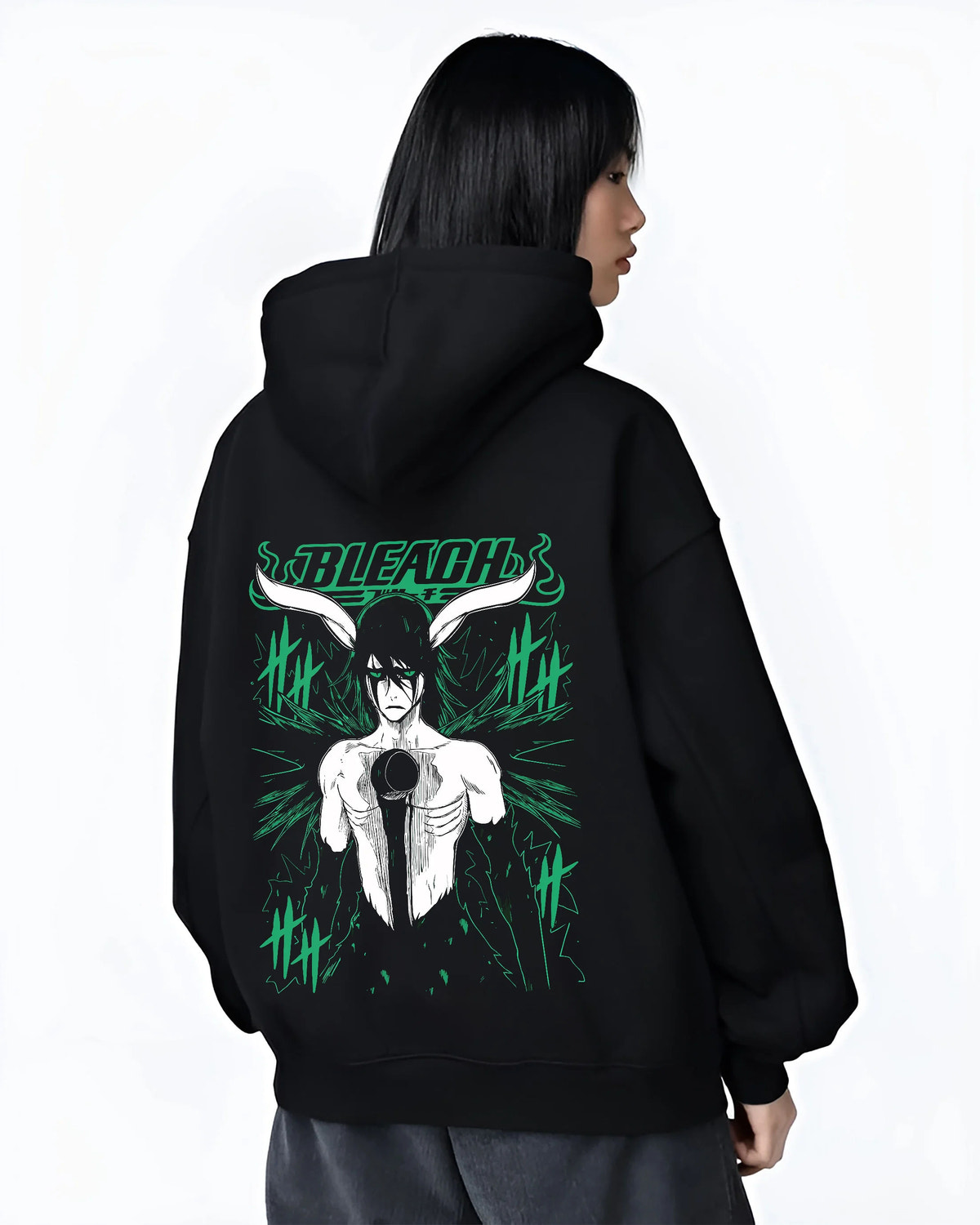Black hoodie female model back view showing Ulquiorra Cifer from Bleach: Hollow form character print