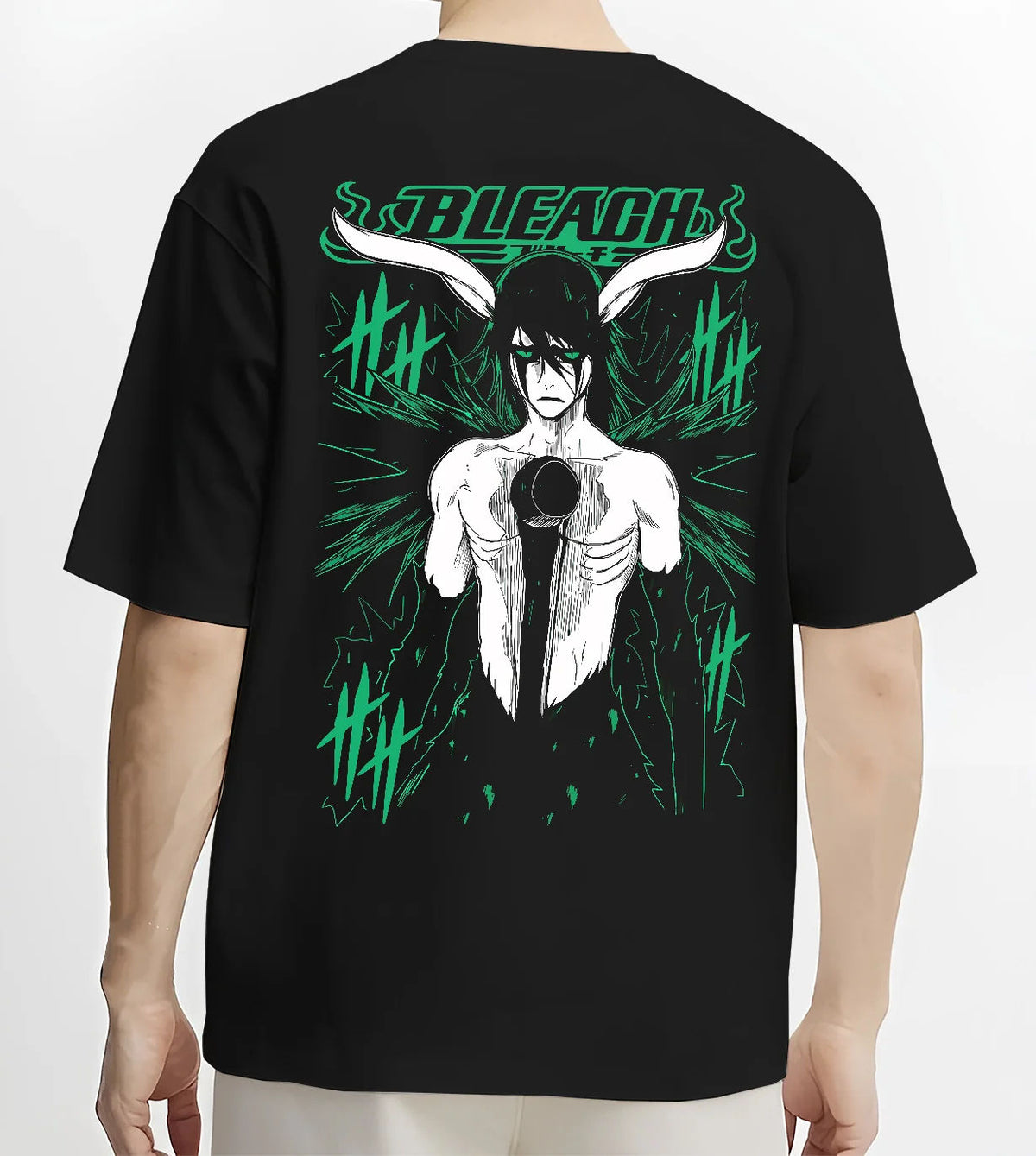 Black T-shirt model back view showing Ulquiorra Cifer from Bleach: Hollow form character print