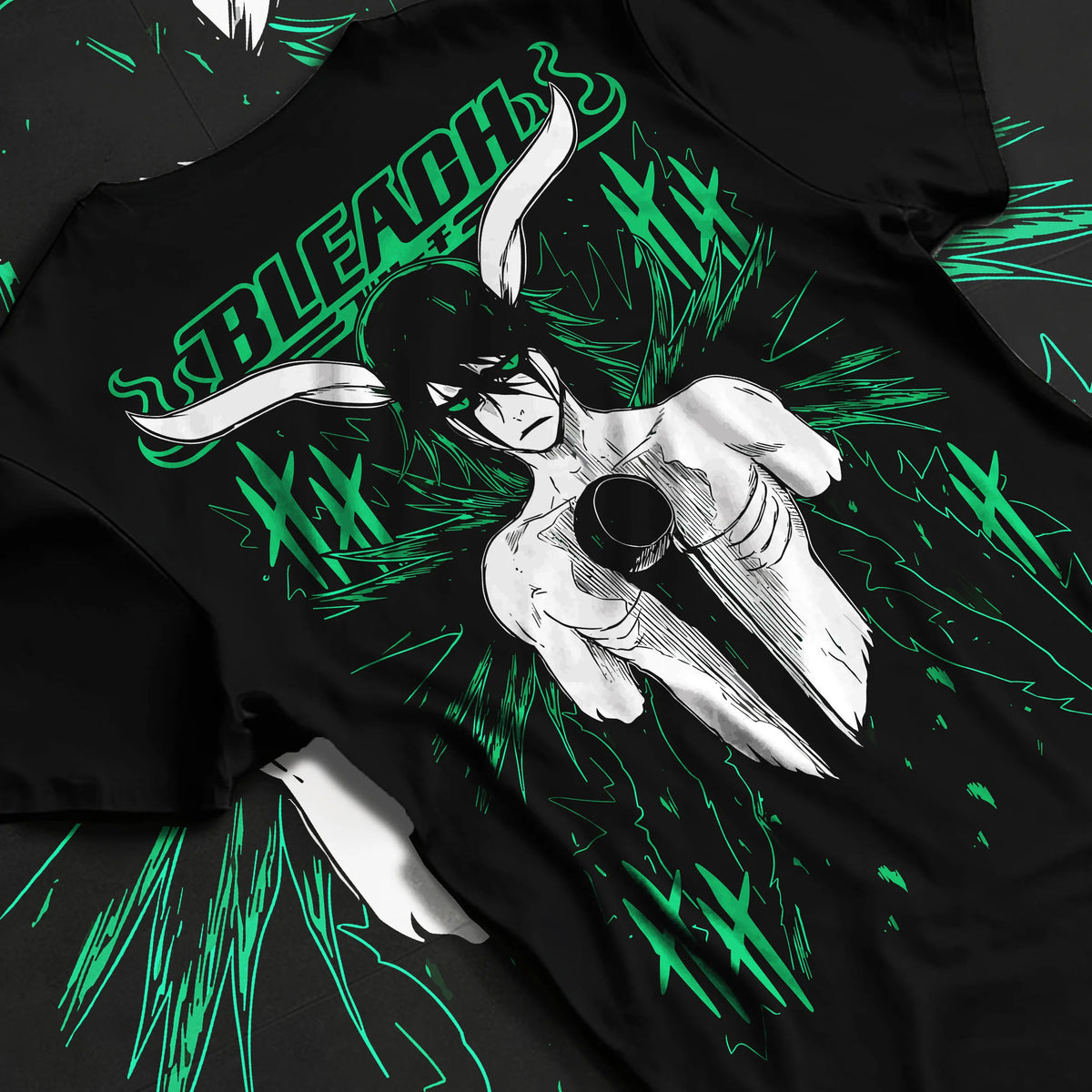 Black T-shirt flat back view showing Ulquiorra Cifer from Bleach: Hollow form character print
