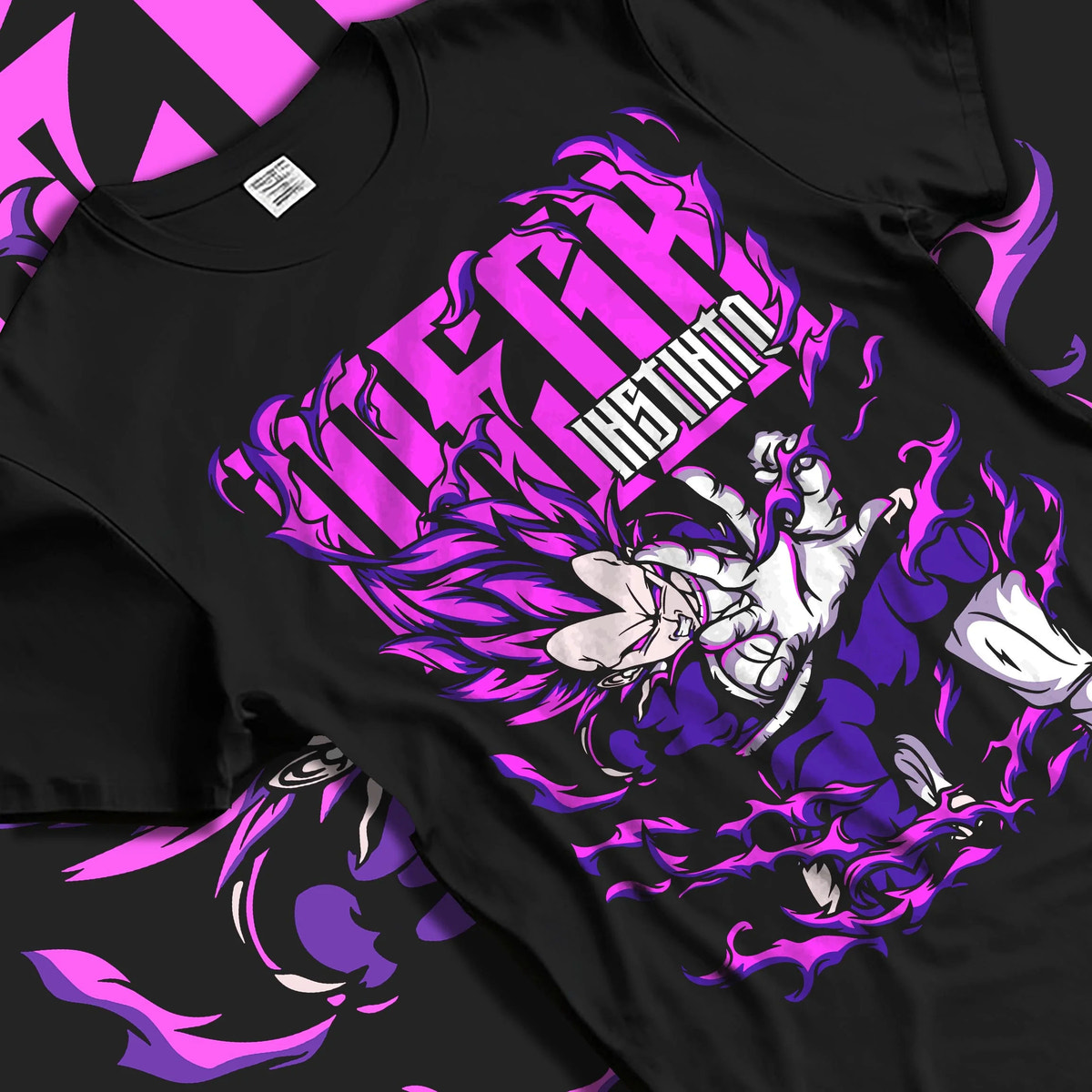 Black T-shirt laid flat with natural folds featuring Vegeta Ultra Ego purple destruction power Dragon Ball Super artwork.