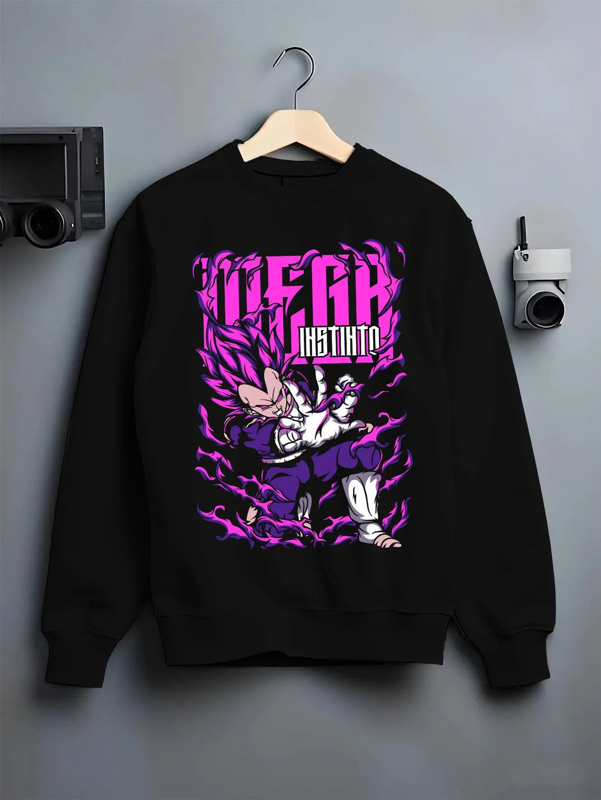 Black crewneck sweatshirt on hanger featuring Vegeta Ultra Ego purple destruction power Dragon Ball Super artwork.