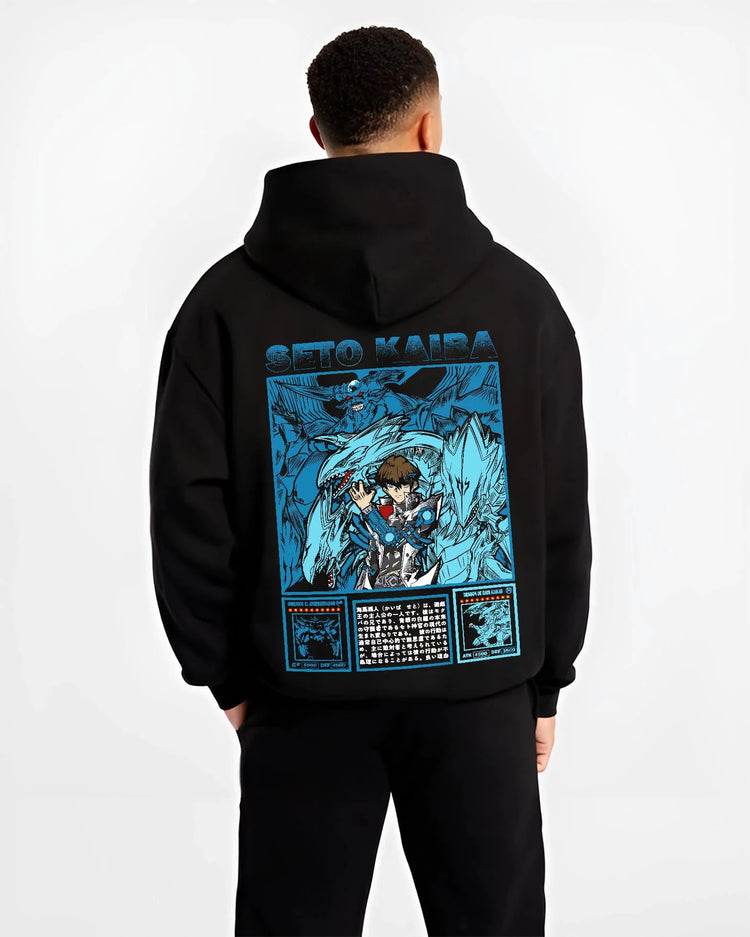 Black hoodie worn by male model from the back featuring Seto Kaiba Blue-Eyes Ultimate Dragon Yu-Gi-Oh! artwork.