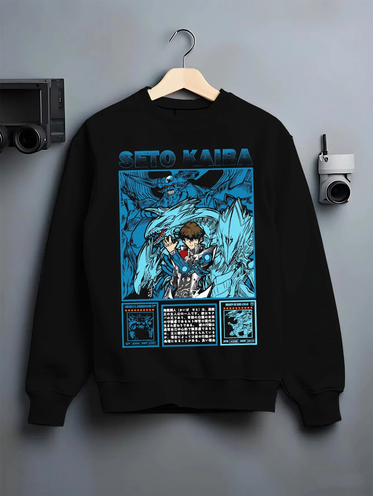Black crewneck sweatshirt on hanger featuring Seto Kaiba Blue-Eyes Ultimate Dragon Yu-Gi-Oh! artwork.