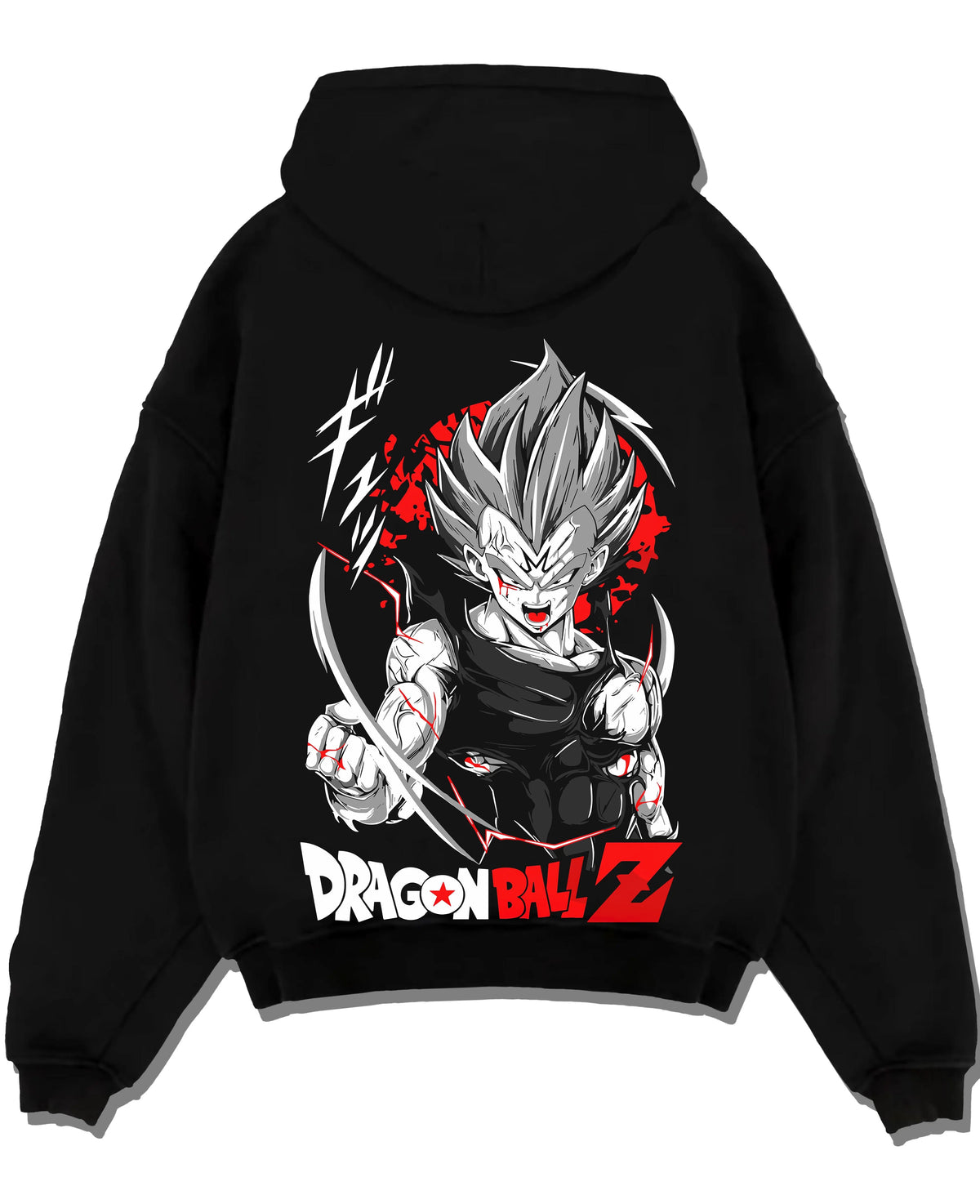 Black hoodie laid flat featuring Vegeta Ultra Ego God of Destruction power Dragon Ball Super artwork.